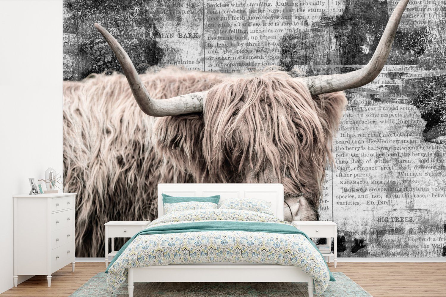 MuchoWow Fototapete Schottischer Highlander - Kuh - Retro, Matt, bedruckt, (6 St), Wallpaper für Wohnzimmer, Schlafzimmer, Kinderzimmer, Vinyl Tapete
