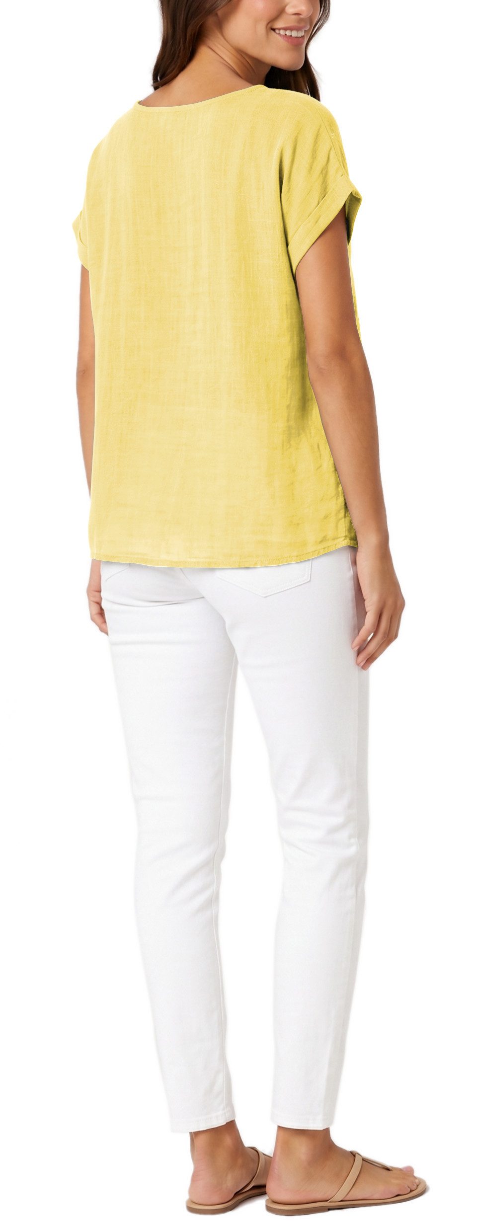 dy_mode Kurzarmbluse Kurzarm Bluse Elegantes Baumwollshirt Damen einfarbig Blusenshirt in Unifarben, Rundhalsausschnitt, mit Blumenstickerei