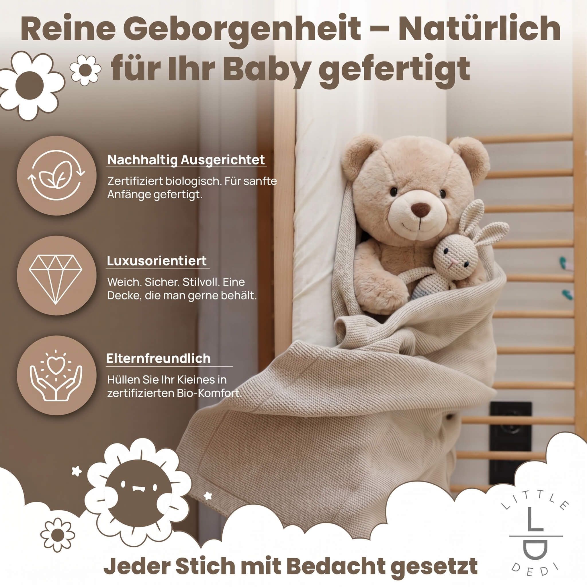Babydecke Baby Strickdecke, %100 Bio Baumwolle, Atmungsaktiv, 80x100cm, Beige, Little Dedi