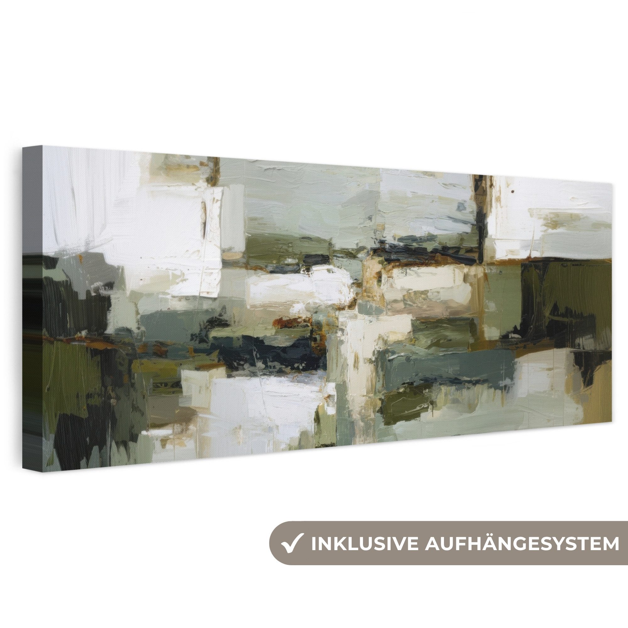OneMillionCanvasses® Leinwandbild Panorama Pinselstriche - Grün - Abstrakt - Japandi, Fotodruck (1 St), Wandbild, Deko Schlafzimmer Wohnzimmer Flur 60x20 cm