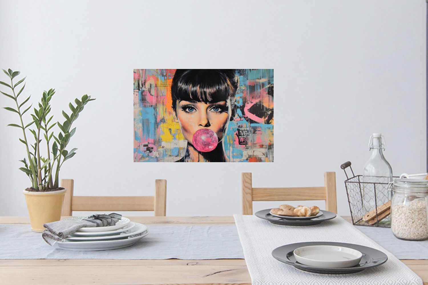 MuchoWow Wandsticker Kaugummi - Frau - Pinselstriche - Modern (1 St), Wandtattoo, Selbstklebend, Wohnzimmer, 60x40 cm