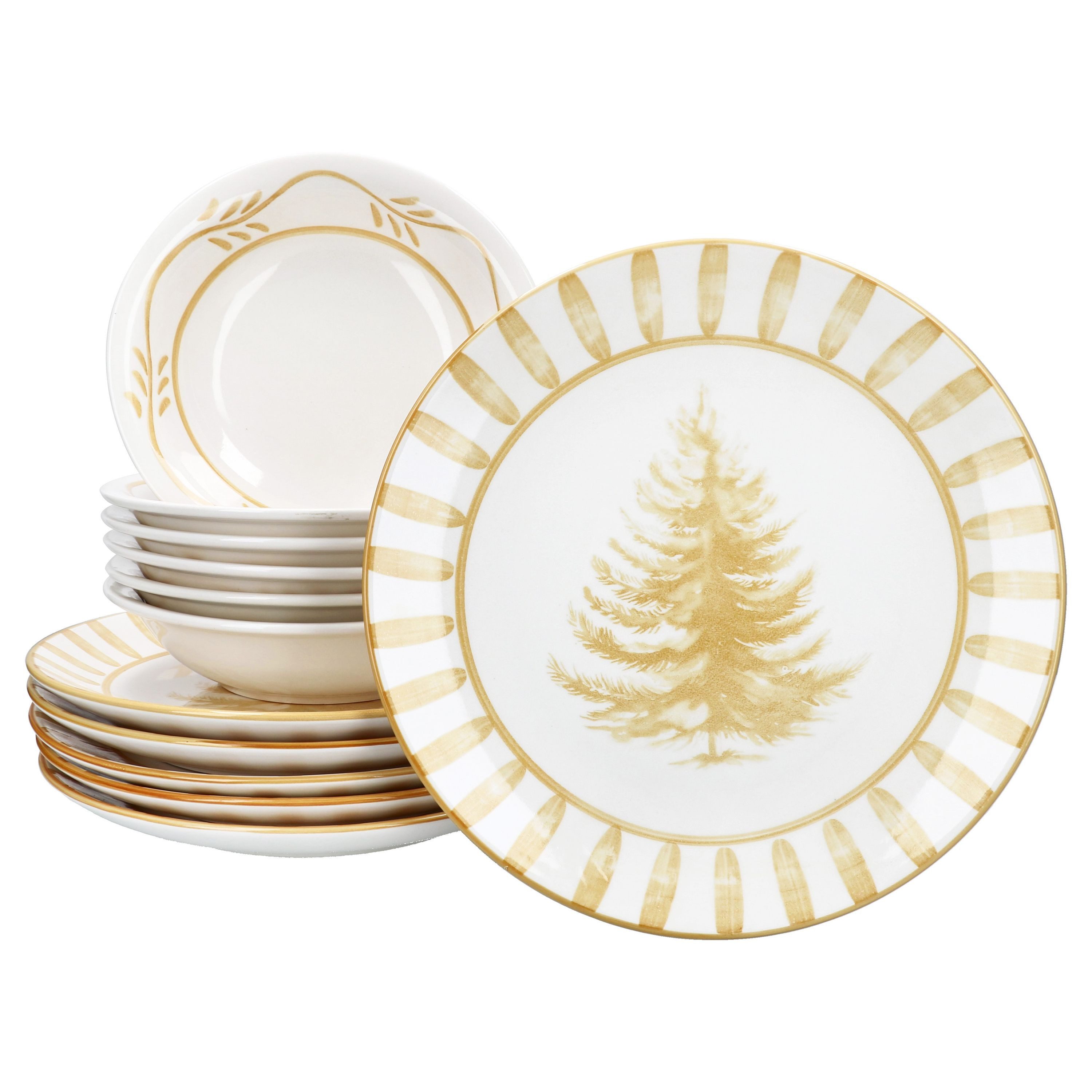 MamboCat Tafelservice 12tlg Tafelservice Wald ocker 6 Personen Essteller Suppenteller, Steingut, Weihnachtsgeschirr, Winter, Weihnachtsset, Geschirr
