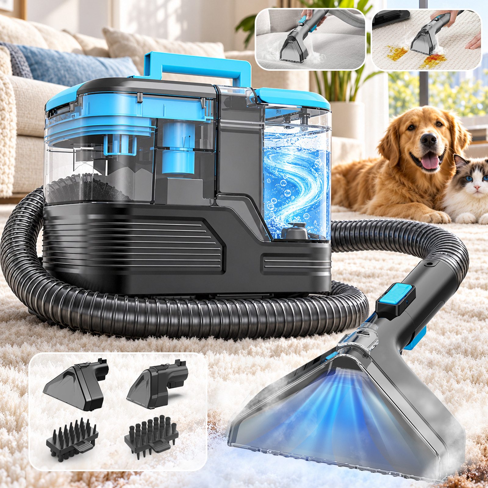Vortisys Teppichreinigungsgerät 530W/18kPa Waschsauger für sofa und teppich, Blau, 530 W, mit Selbstreinigung, Upgrade Nasssauger Waschsauger mit langem Schlauch, großen Wassertanks und leichtem Design für Teppiche, Sofas und Autos
