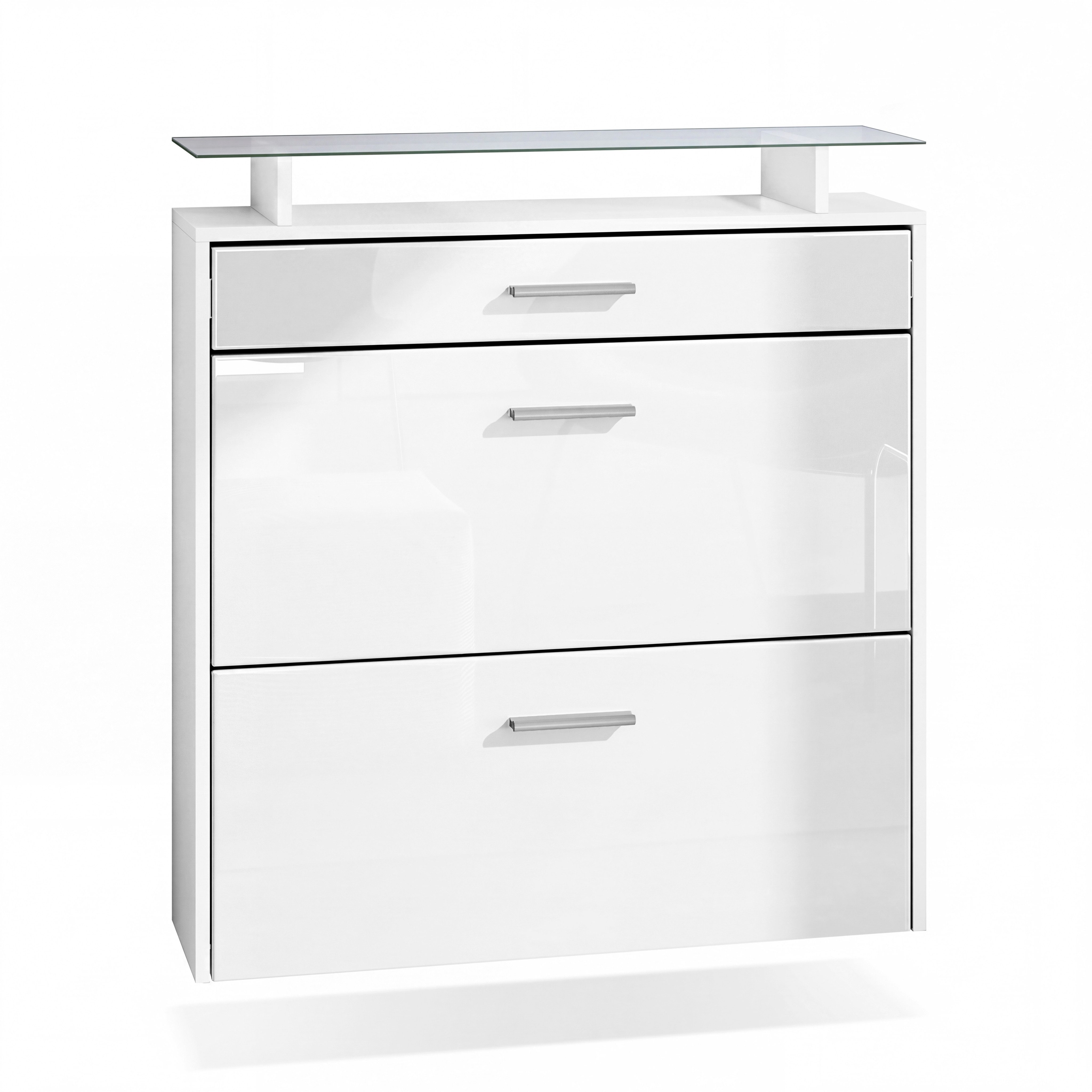 Vladon Schuhschrank Malea (hängender Schuhkipper für 16 Paar Schuhe, mit 2 Klappen und 1 Schublade und Glasablage) Weiß matt/Weiß Hochglanz (89 x 96 x 23 cm)