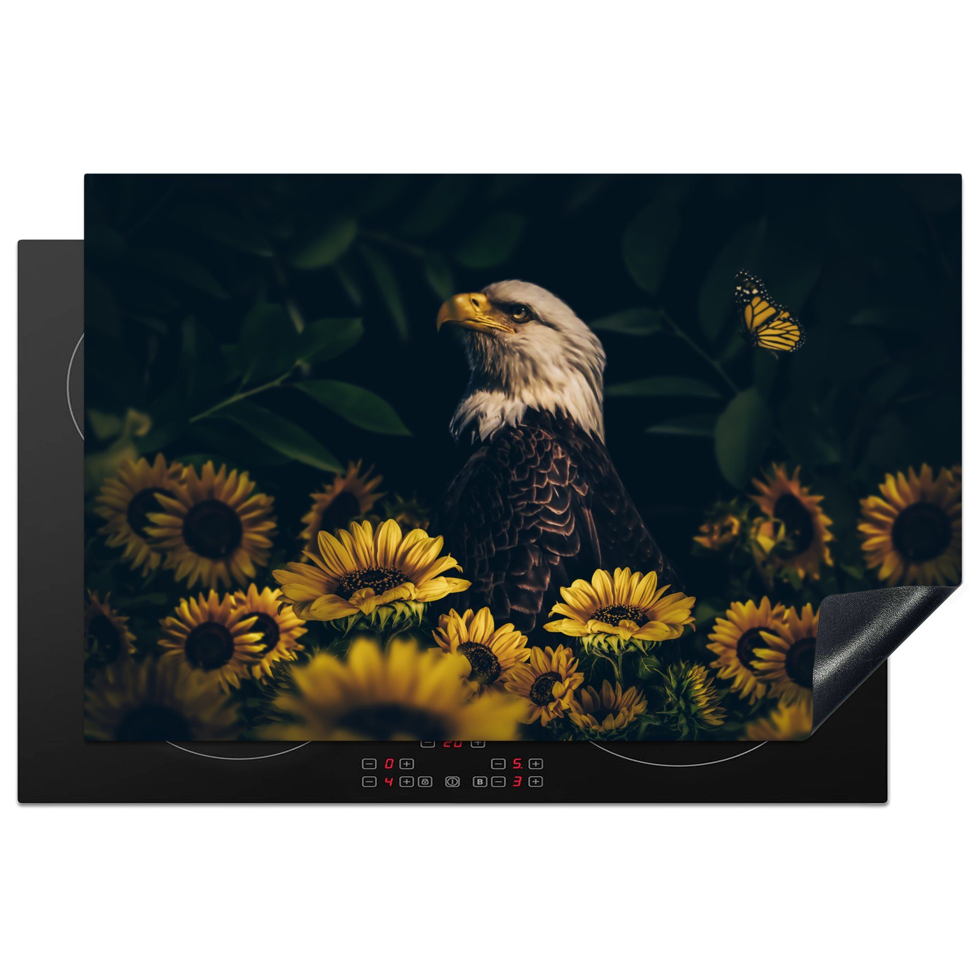 MuchoWow Herdblende-/Abdeckplatte Adler - Gelb - Blumen - Botanisch, Vinyl, (1 tlg), 80x52 cm, Induktionskochfeld Schutz für die küche, Ceranfeldabdeckung