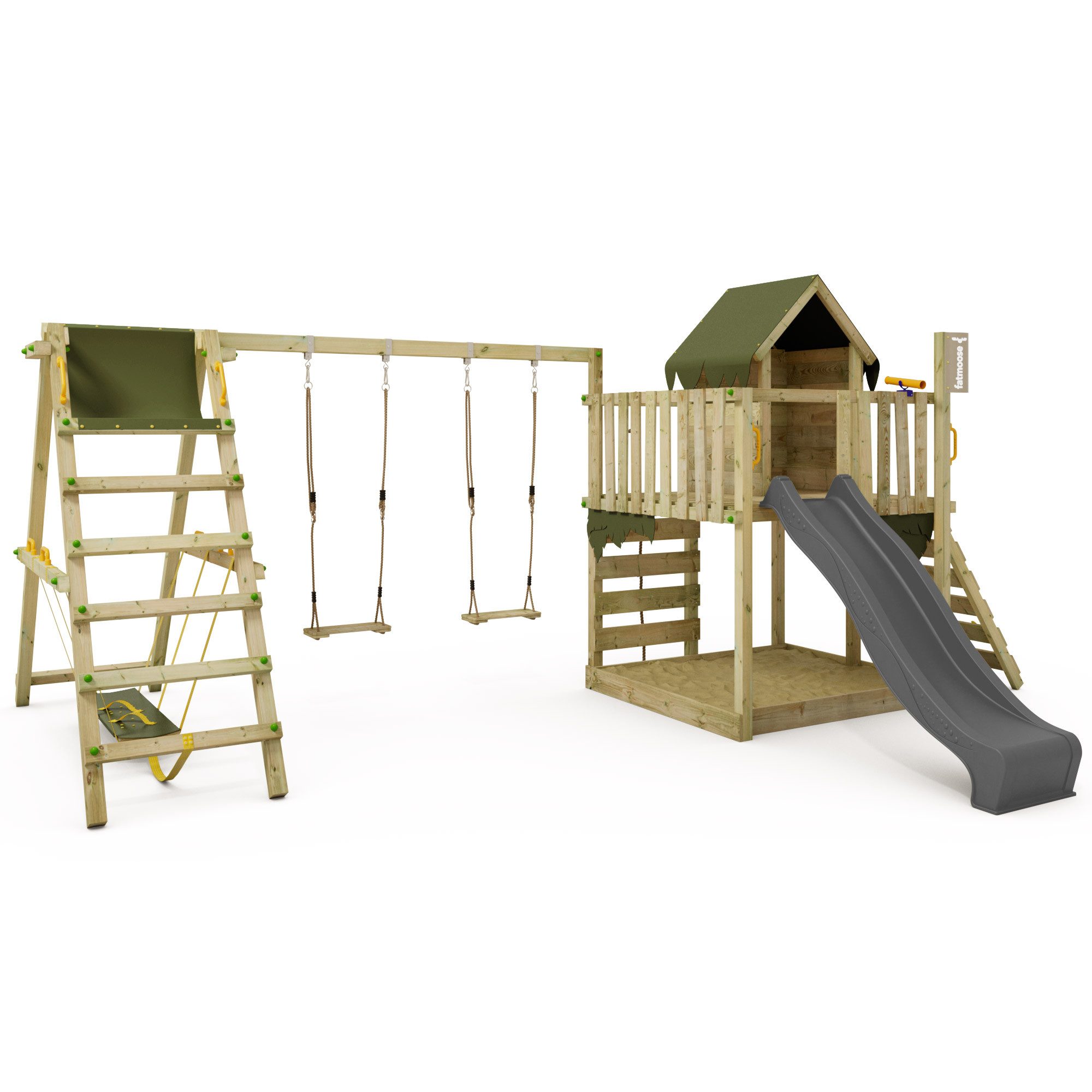 FATMOOSE Spielturm JazzyJungle mit SurfSwing – Abenteuer-Spielhaus mit Rutsche, extrem witterungsbeständig mit 10 Jahren Garantie*