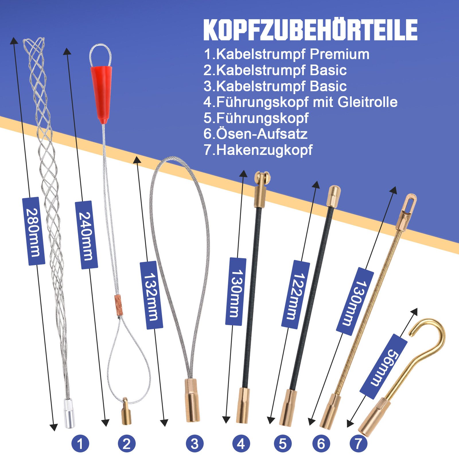 XERSEK Kabelführung Kabeleinziehhilfe 4,5mm Einziehspirale inkl. 7 Adapter Einziehhilfe (Einziehfeder Kabelzieher für Leerrohre), Zugdraht, Kabel & Elektroinsta – Bild 4 von 5
