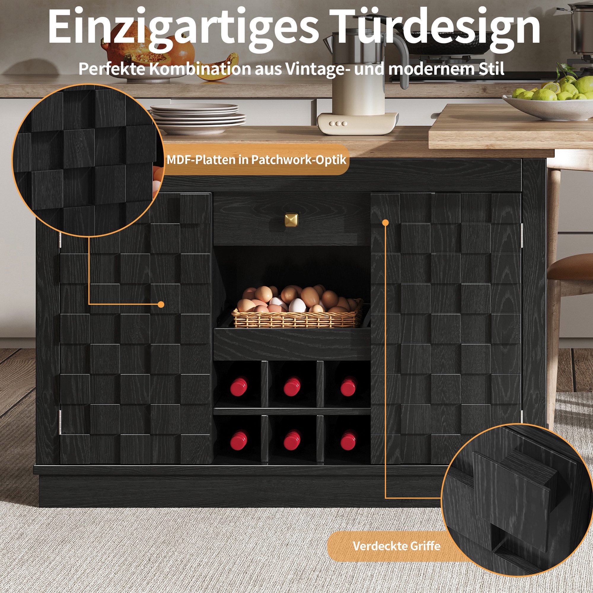 i@home Bartisch Kücheninsel 360° drehbar freistehend (ausziehbarer Küchenwagen mit Weinregal und Schubladen, 1-St), Seitenschrank Türen mit Würfeloptik, Esstisc – Bild 3 von 5