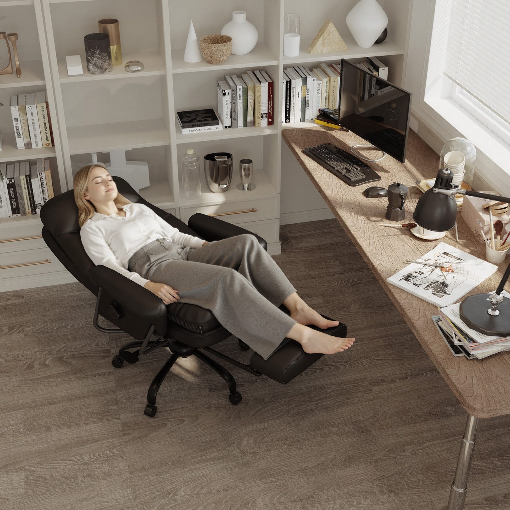 FLEXISPOT Drehstuhl 3-in-1 Ergonomischer Relax- & Bürostuhl mit Liegefunktion (160° Liegefunktion, Ausziehbarer Fußstütze, Dickem PU-Komfortpolster und Höhenver – Bild 4 von 5
