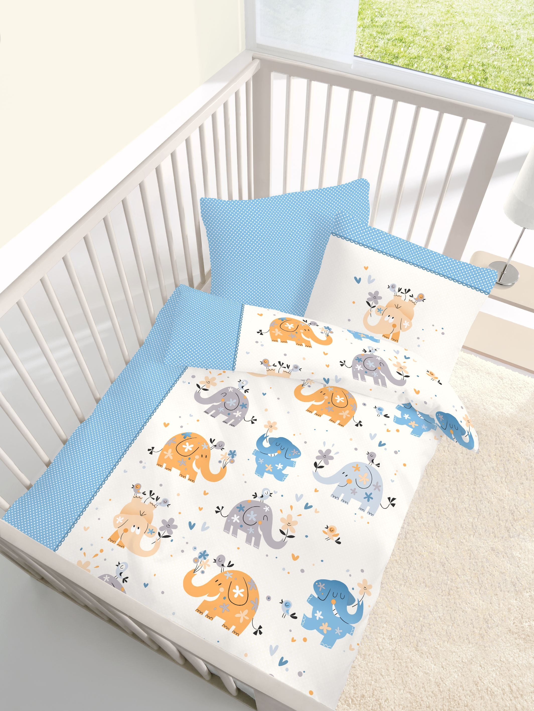 DOBNIG Babybettwäsche Biber Kinderbettgarnitur blau mit Elefanten-Motiv 2-t günstig online kaufen
