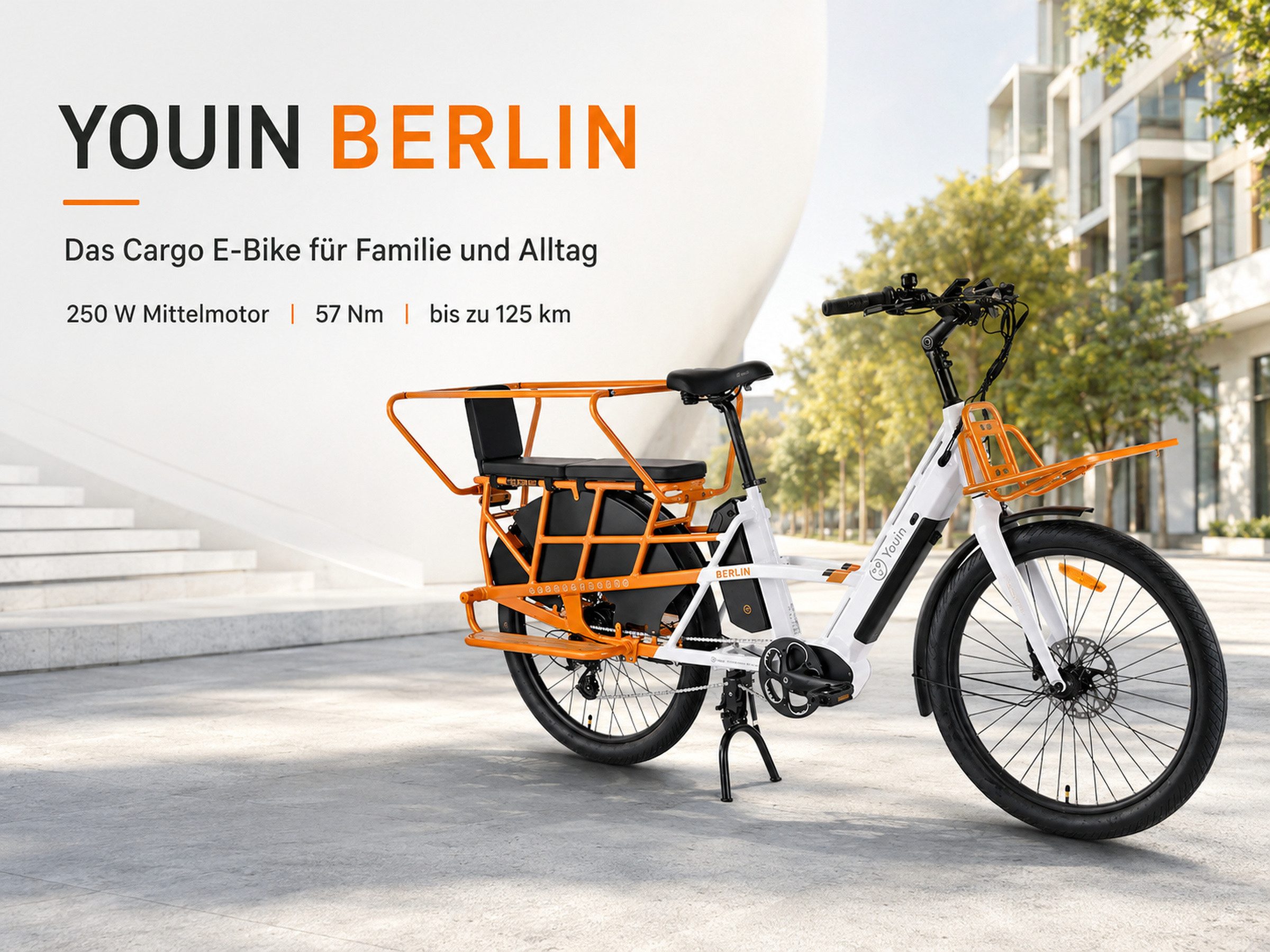 PixelPilot E-Bike Lasten-E-Bike Youin Berlin 26 Zoll, 250 W Mittelmotor, Dual-Akku 998 Wh, bis 125 km, 7 Gang, Mittelmotor, 998 Wh – Bild 2 von 5