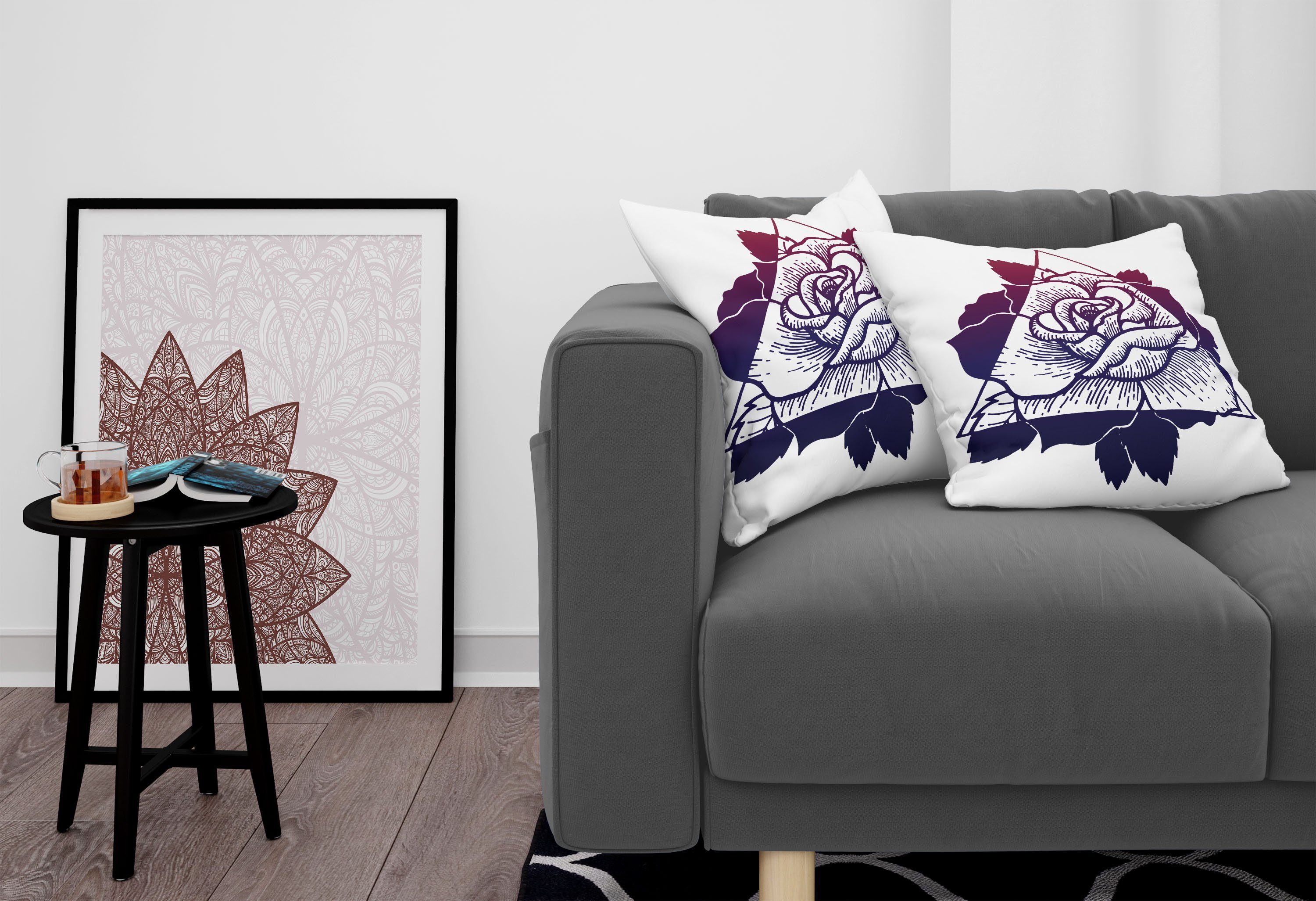Doppelseitiger Triangle Stück), (2 in Rose Modern Kissenbezüge Abakuhaus Blume Accent Digitaldruck,