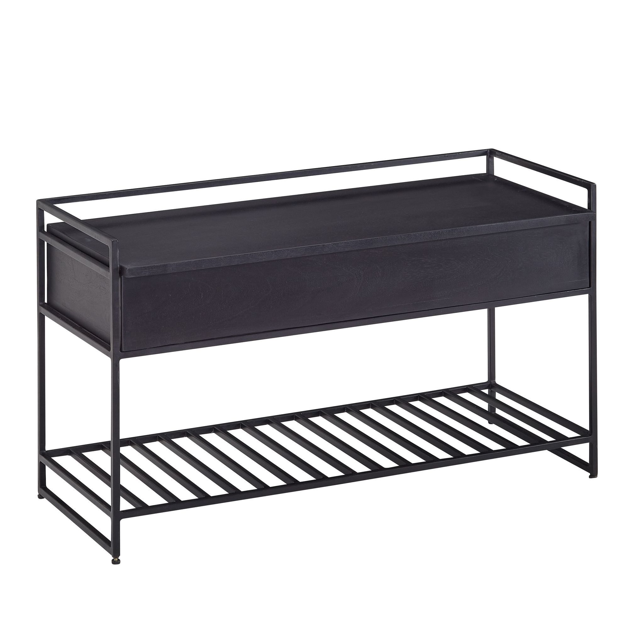 FINEBUY Sitzbank FB34727 (90x52x38 cm Mango Massivholz / Metall Schwarz), Flurbank mit Stauraum, Schuhbank mit Ablage