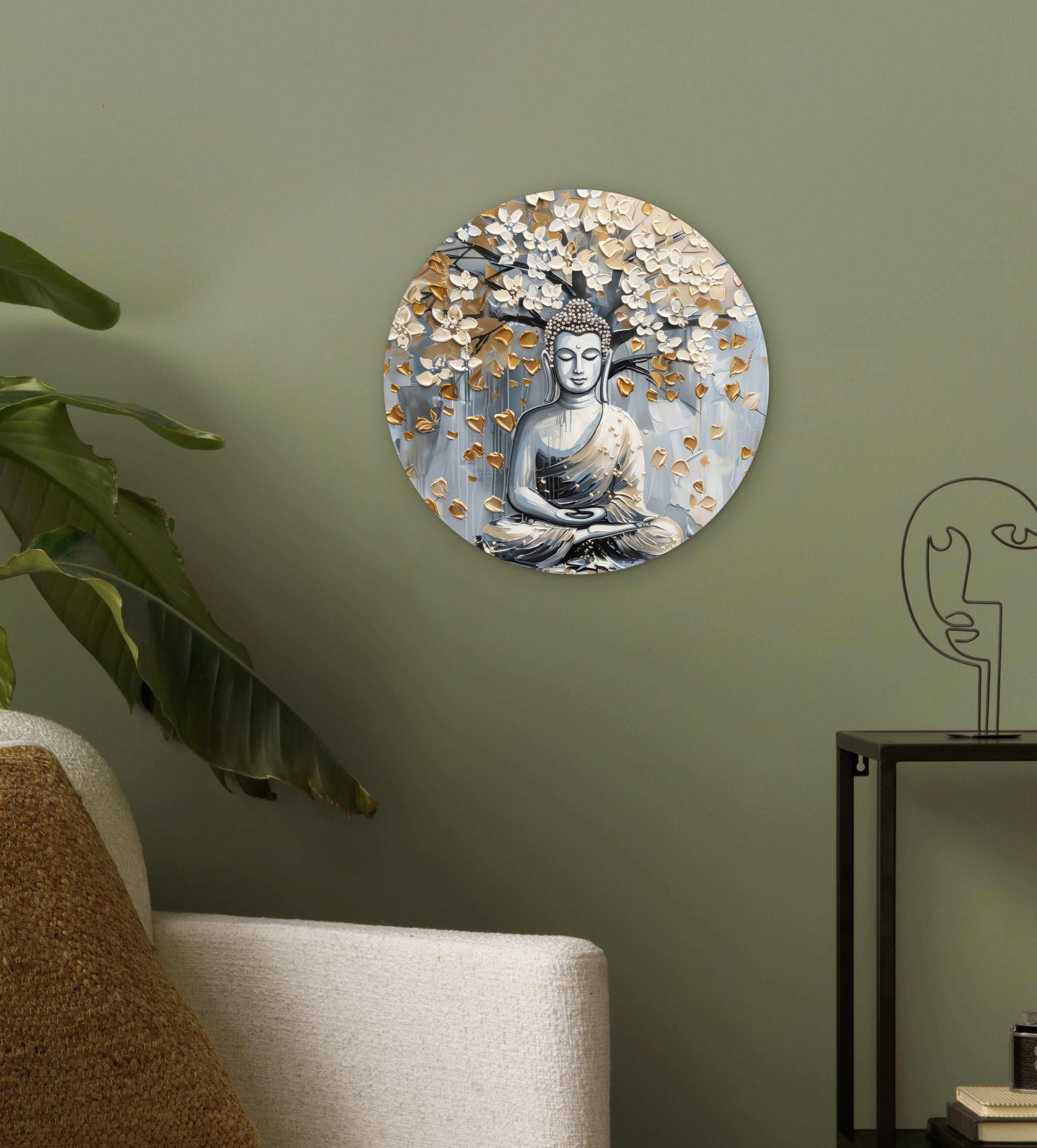 MuchoWow Gemälde Buddha - Blumen - Baum - Gold - Modern, Fotodruck (1 St), Kreis Wanddekoration, Rundes Wandbild, 30x30 cm