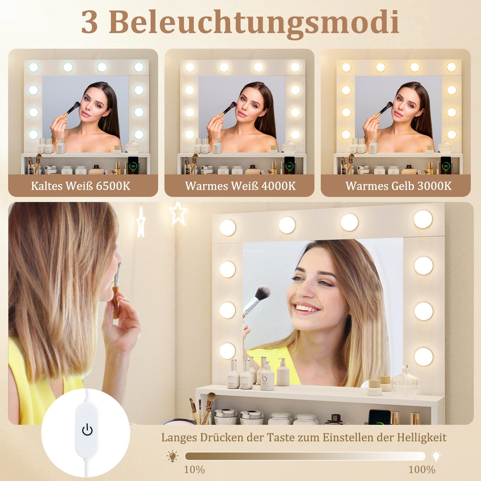COSTWAY Schminktisch Frisiertisch mit Spiegel, LED (1-St), mit Ladestation, Schublade – Bild 4 von 5