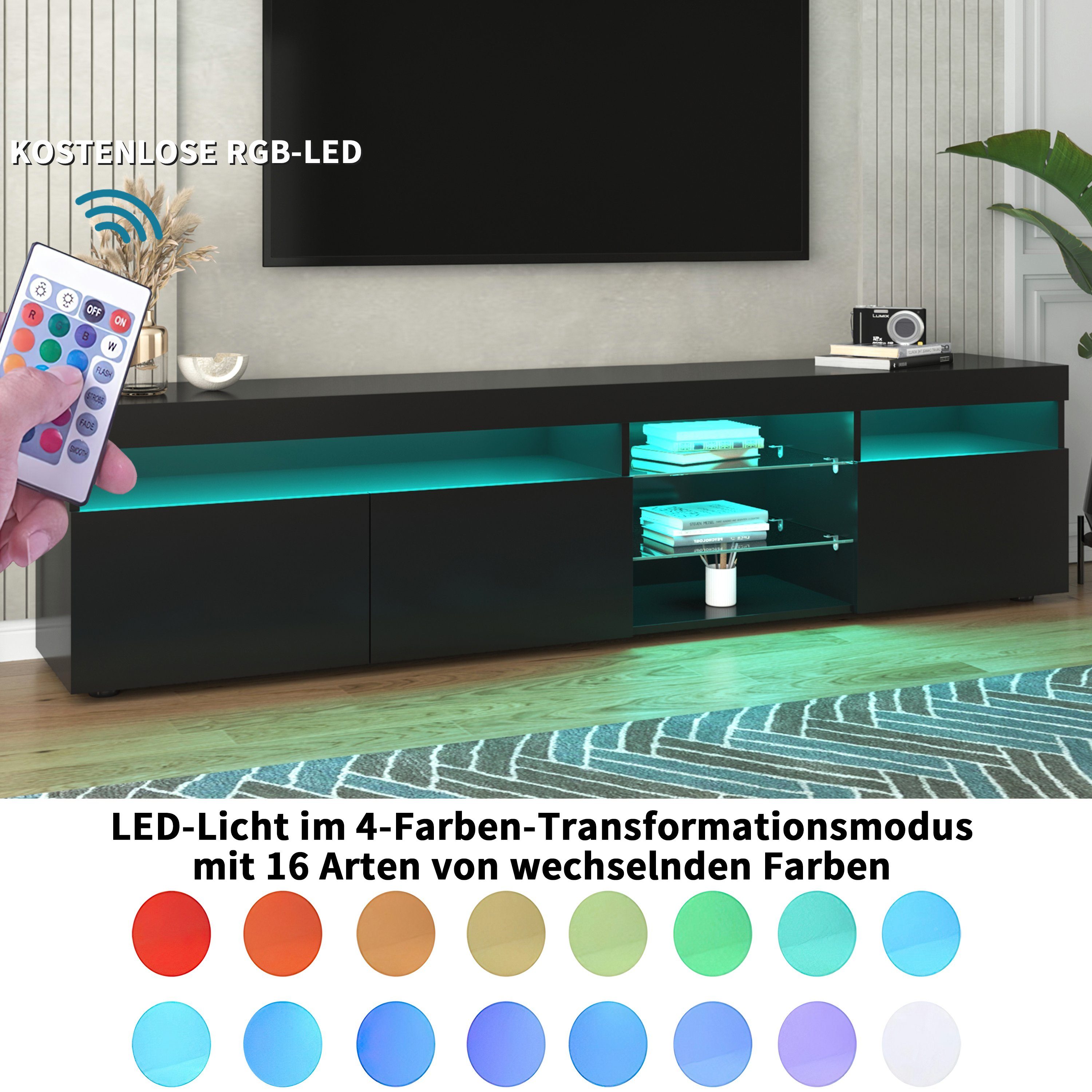 HAUSS SPLOE TV-Schrank LED-Beleuchtung TV (3 Schrank (mit LED-Beleuchtung Variable Schwarz Schranktüren) TV-Lowboards Fernsehschrank TV-Tisch