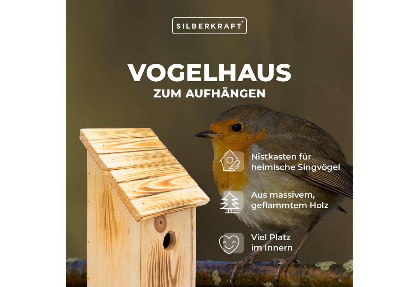 Thumbnail - Silberkraft Nistkasten Nistkasten aus massivem Holz zum Aufhängen - Sicheres Zuhause, Nistkasten für heimische Singvögel...