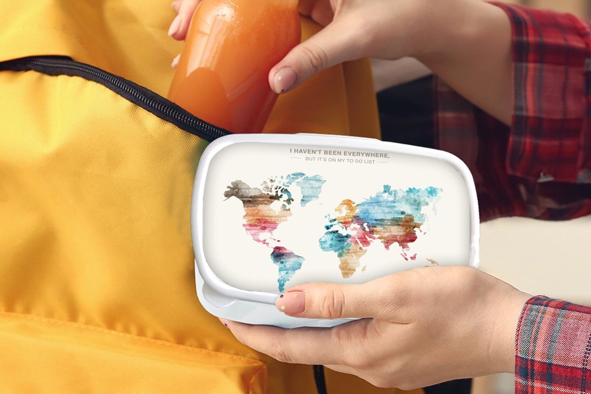 (2-tlg), Brotdose, Lunchbox Brotbox und Zitate Weltkarte MuchoWow Mädchen - Jungs Kunststoff, Kinder Bucket, - Kinder - und - weiß Mädchen für - Jungen Erwachsene, - für Aquarell
