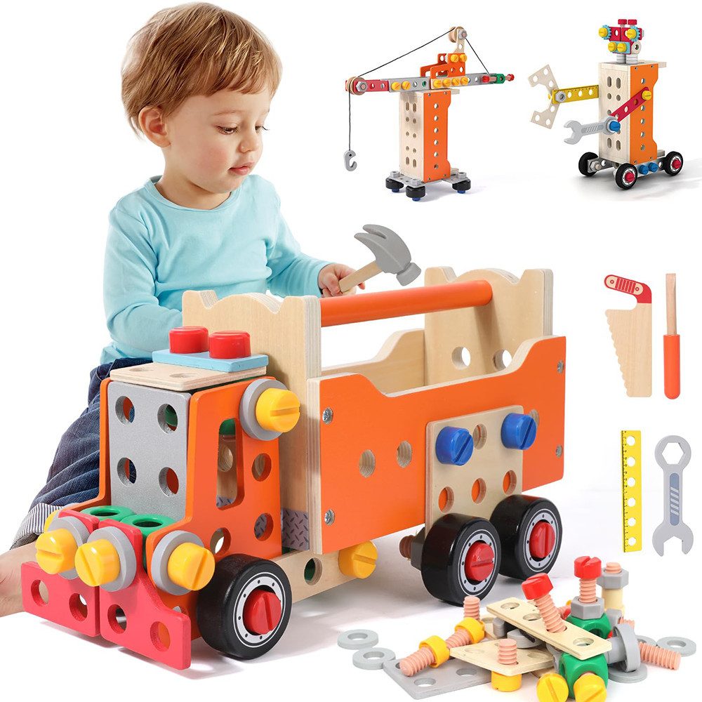 CLTYQ Spielwerkzeugkoffer 124-teiliges Holz-Werkzeugset für Kleinkinder, mit Aufbewahrungsbox, (124-tlg., Lernspiele Geschenk Junge Mädchen ab 3 Jahren), Montessori Bildungsbauspielzeug,Werkzeug Lernspiele 2 3 4 Jahre