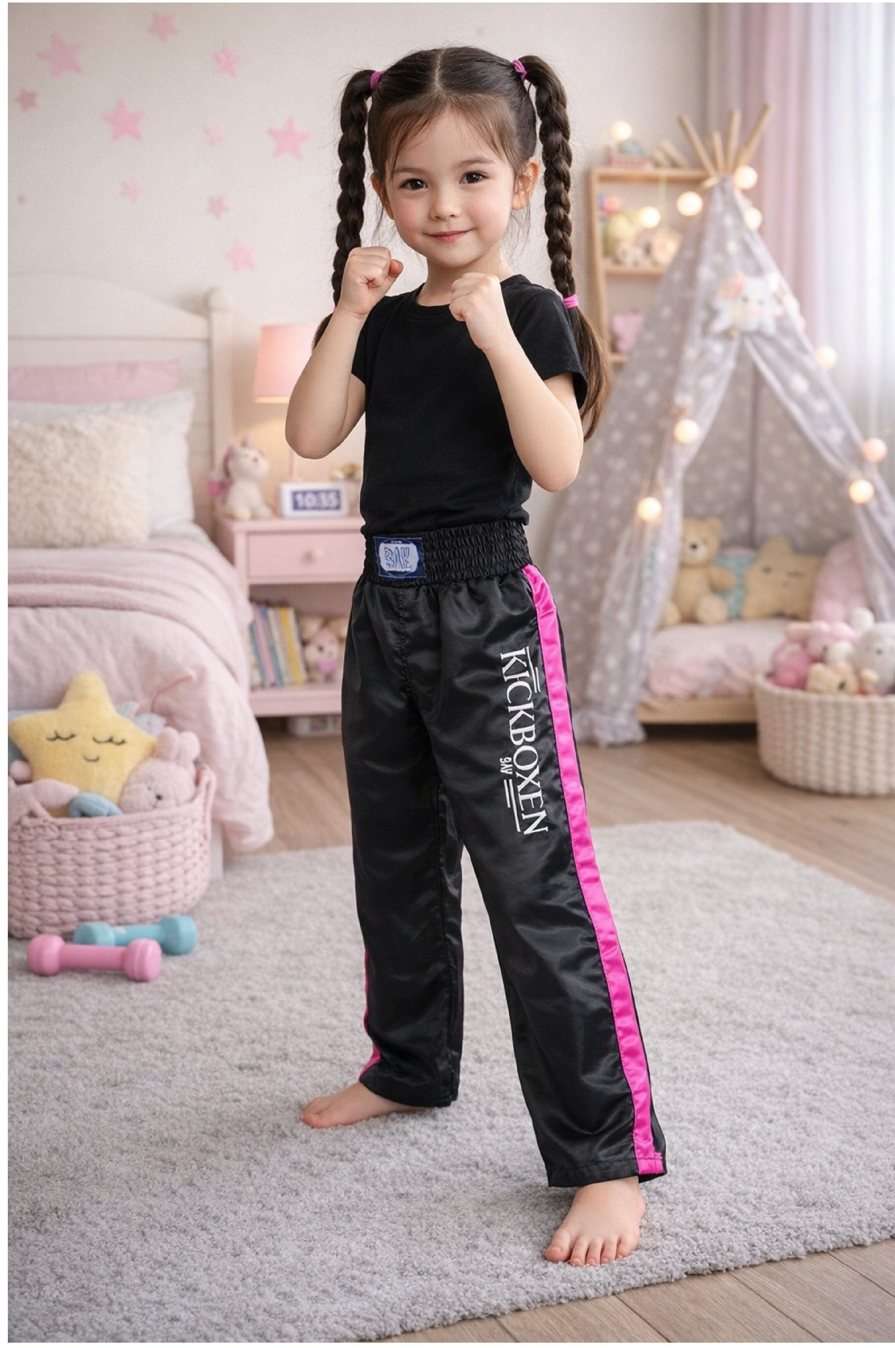BAY-Sports Sporthose Kickboxhose EDEL STICK Hose lang Kickboxen Kampfsport lange, leichte, locker sitzende Trainingshose, Schwarz/Pink