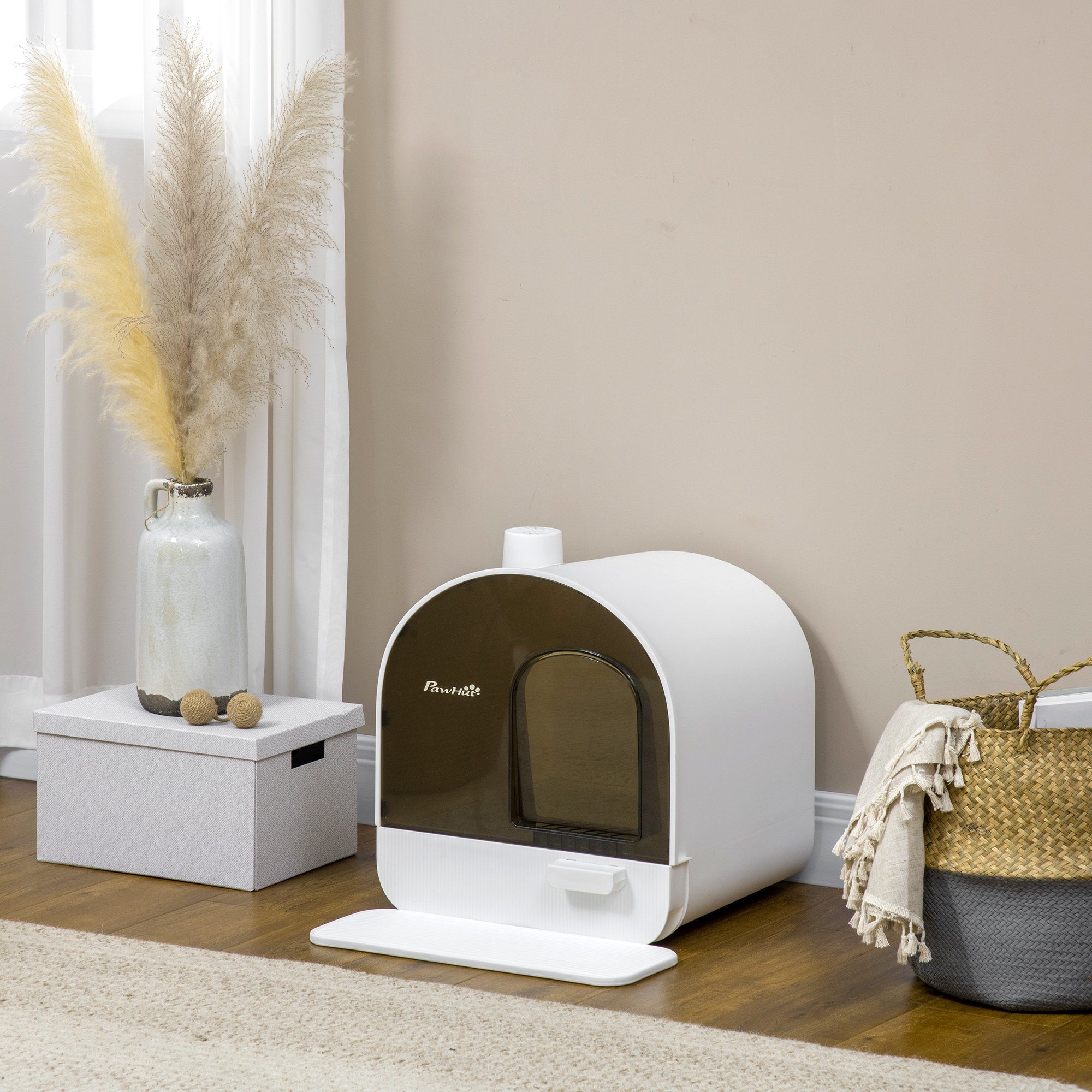 PawHut Katzentoilette Streuschaufel, Streufangmatte mit Deckel, für Wohnzimmer, Weiß