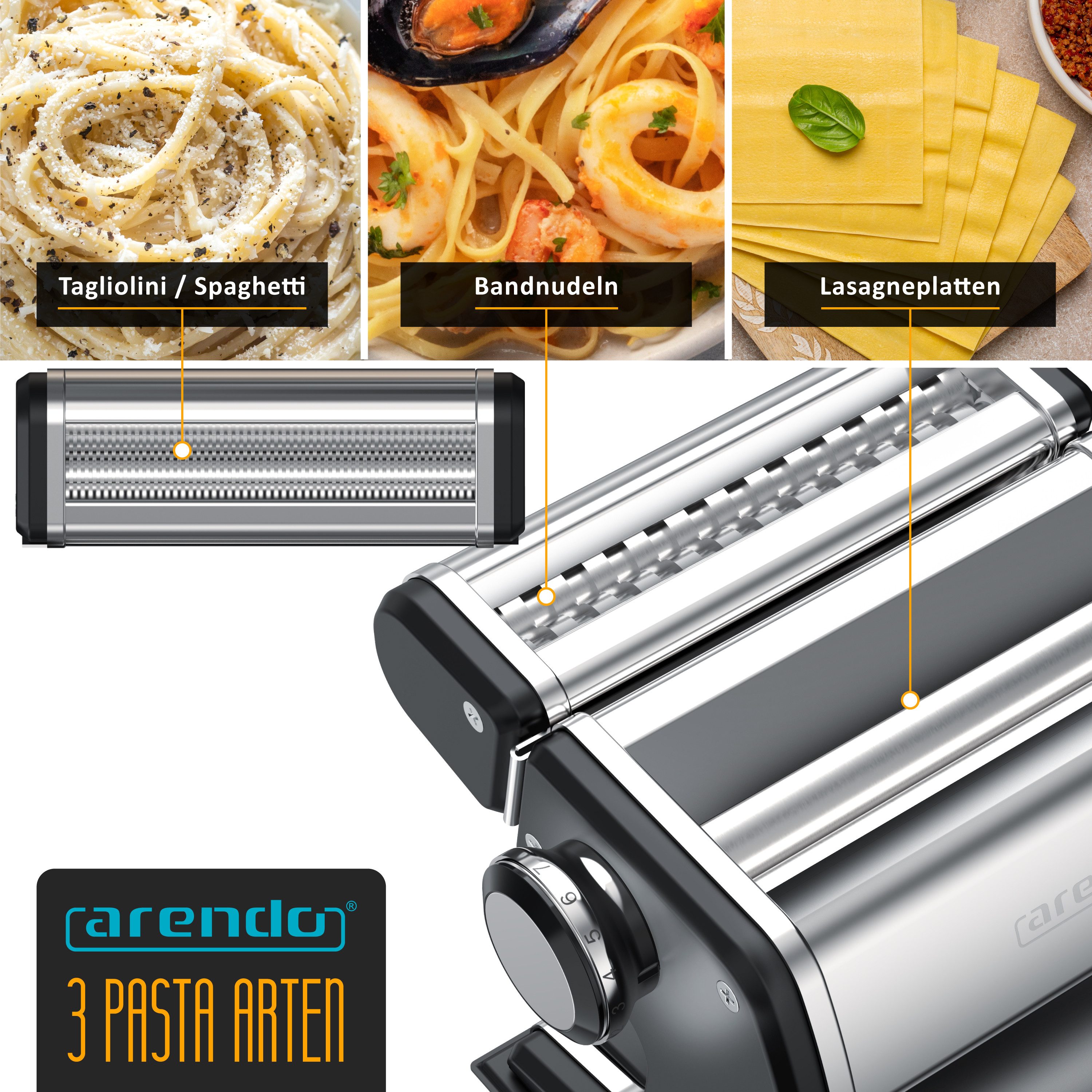 Arendo Nudelmaschine Manueller Edelstahl Pasta Maker, Nudelpresse, 7 einstellbare Stärken, Duplexvorsatz für Spaghetti, Tagliatelle, Lasagne - 2mm und 6,5mm – Bild 3 von 5
