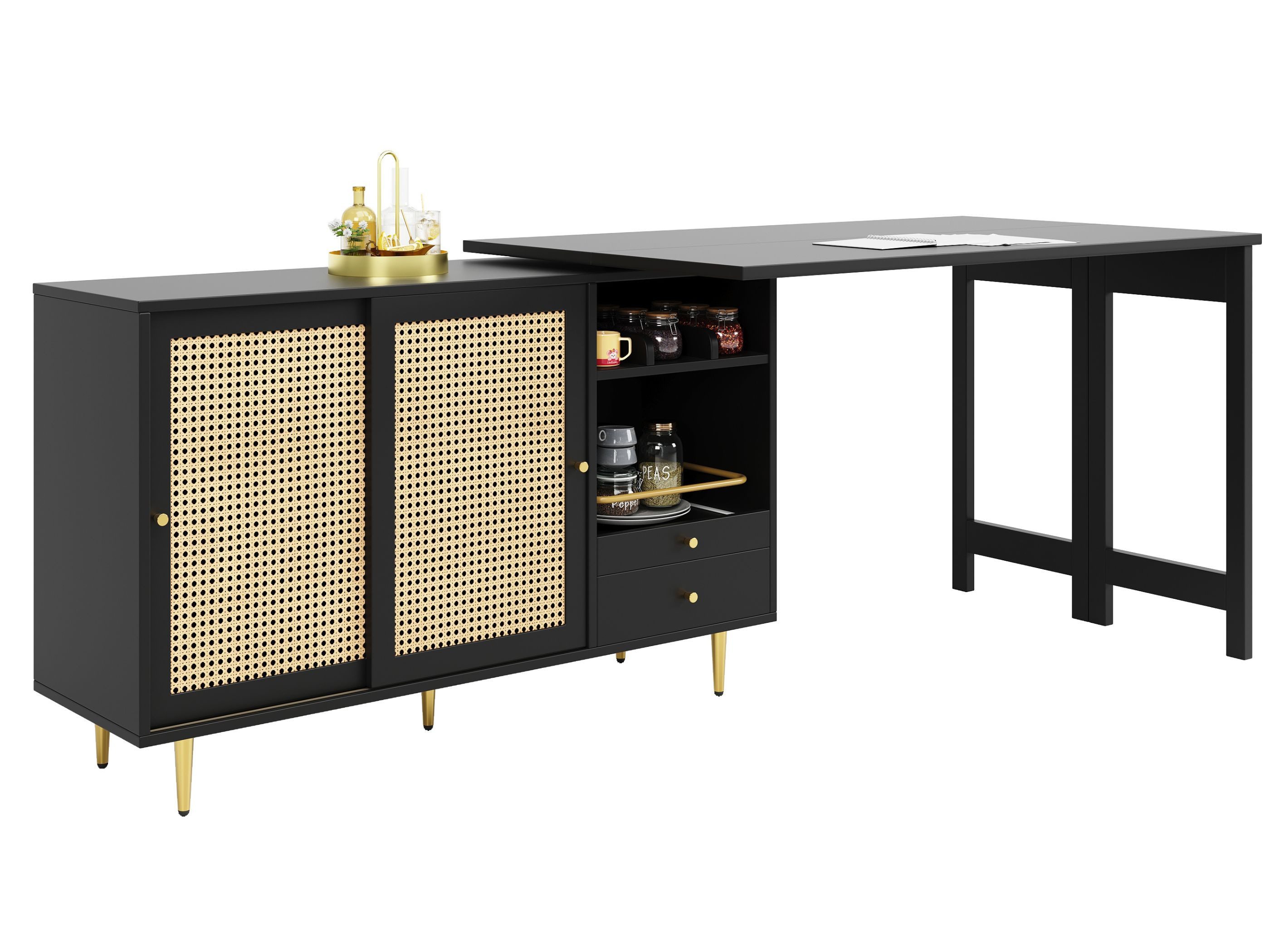 SeedWave Bartisch mit 360° drehbarer ausziehbarer Tischplatte, PE-Rattan-Türen, multifunktionalem Stauraum, platzsparendem Design und natürlichem Stil