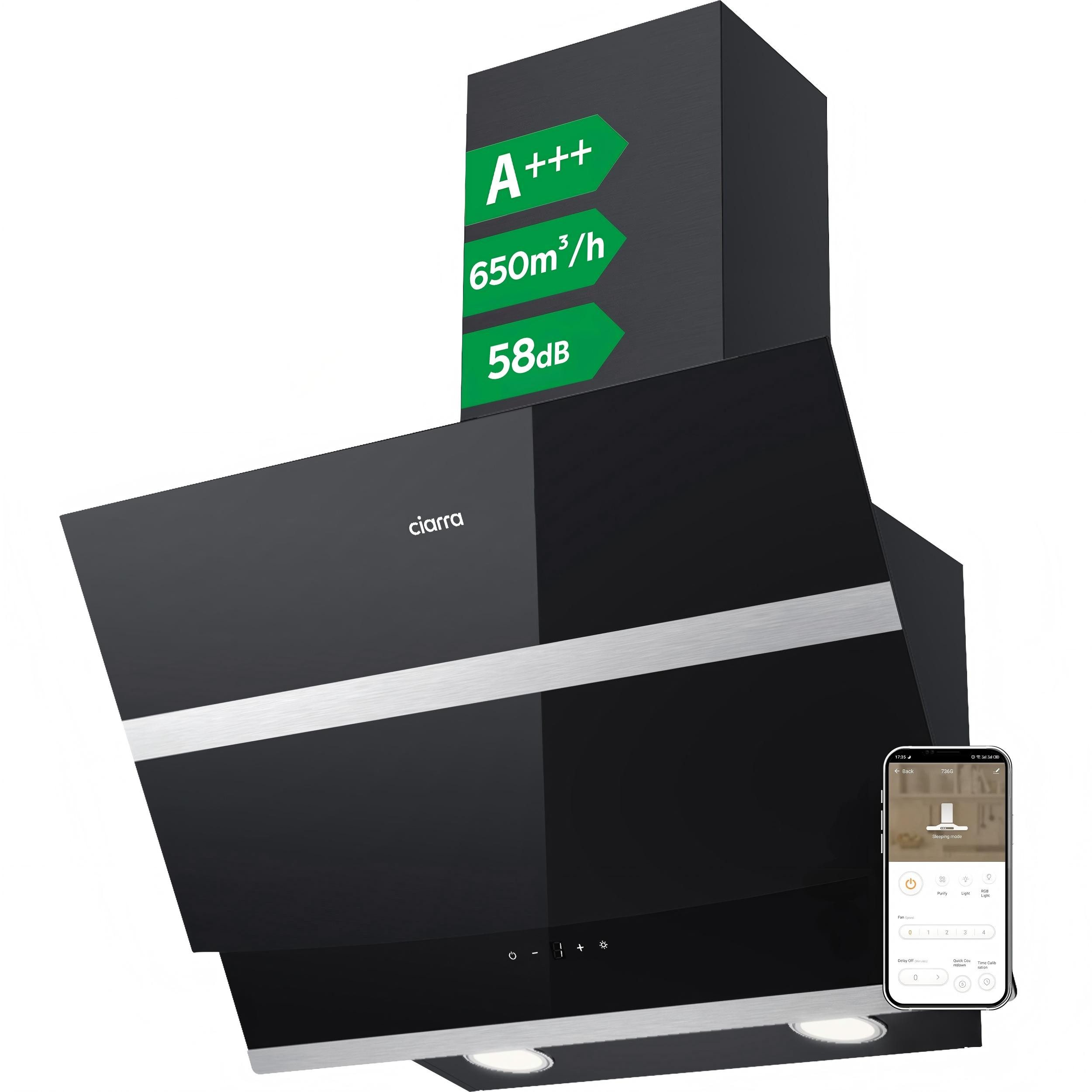 CIARRA Kopffreihaube 60cm Dunstabzugshaube 650 m³/h Wlan -APP & Touch Control Serie CA6736NB CA6736NW 60cm Dunstabzugshaube 650 m³/h Wlan -APP & Touch Control, 4 Sufen Inkl. BOOST Schräghaube Leise 5-Minuten-Nachlaufschaltung