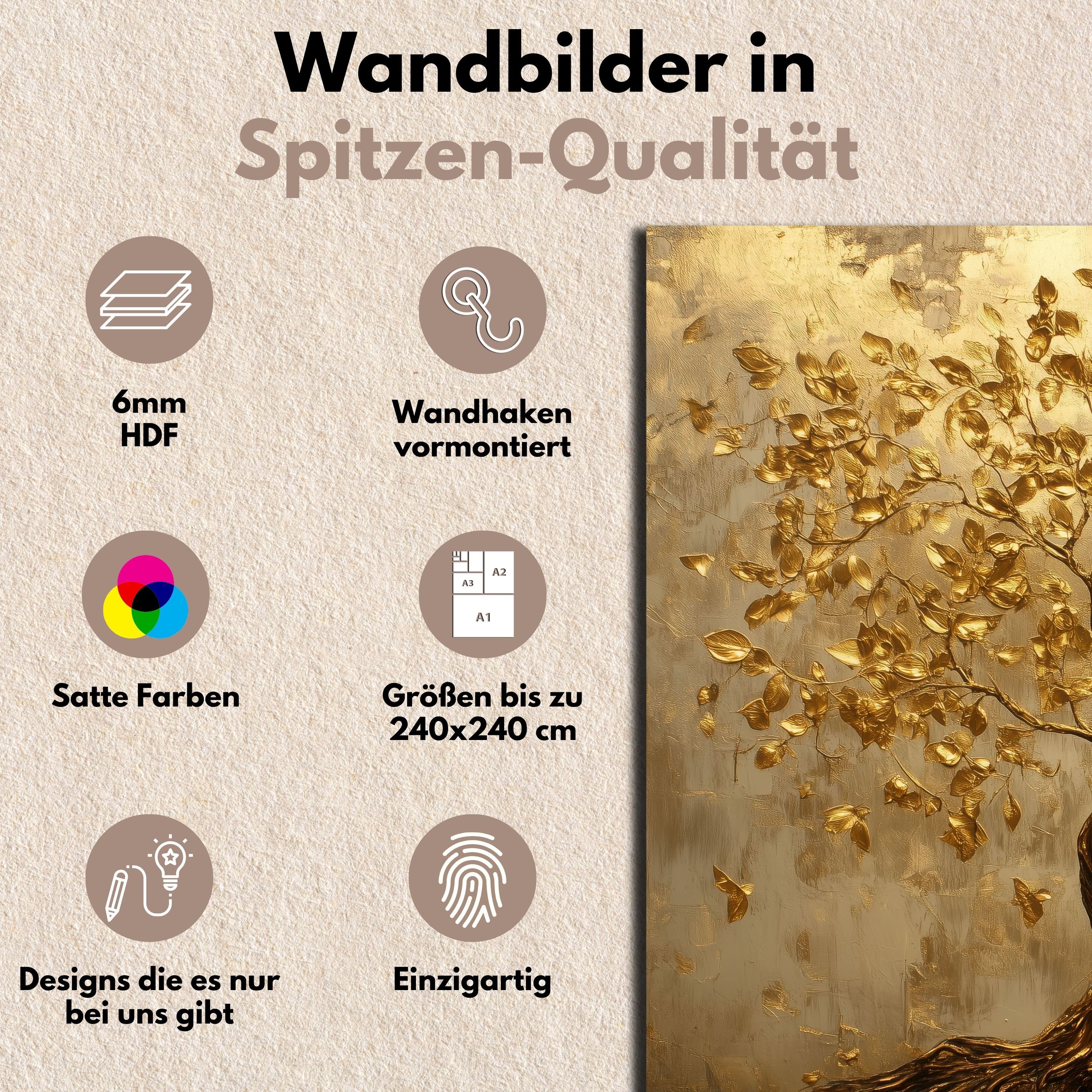 DARO Design Leinwandbild Modern Abstrakt Wandbilder XXL Wandbild Wand Deko Leinwand Bilder, (Baum goldene Blätter- Bild groß Wohnzimmer Schlafzimmer Küche Esszi – Bild 3 von 5