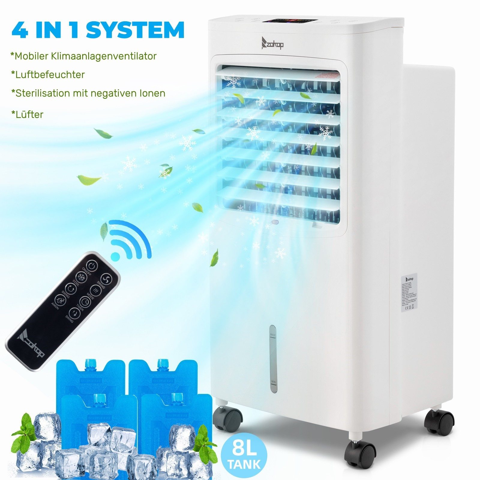 LALAHO Kombigerät Luftreiniger, Ventilator und Heizlüfter Luftkühler, 220V, 75W, 8L-Wassertank, Fernbedienung & LCD-Display