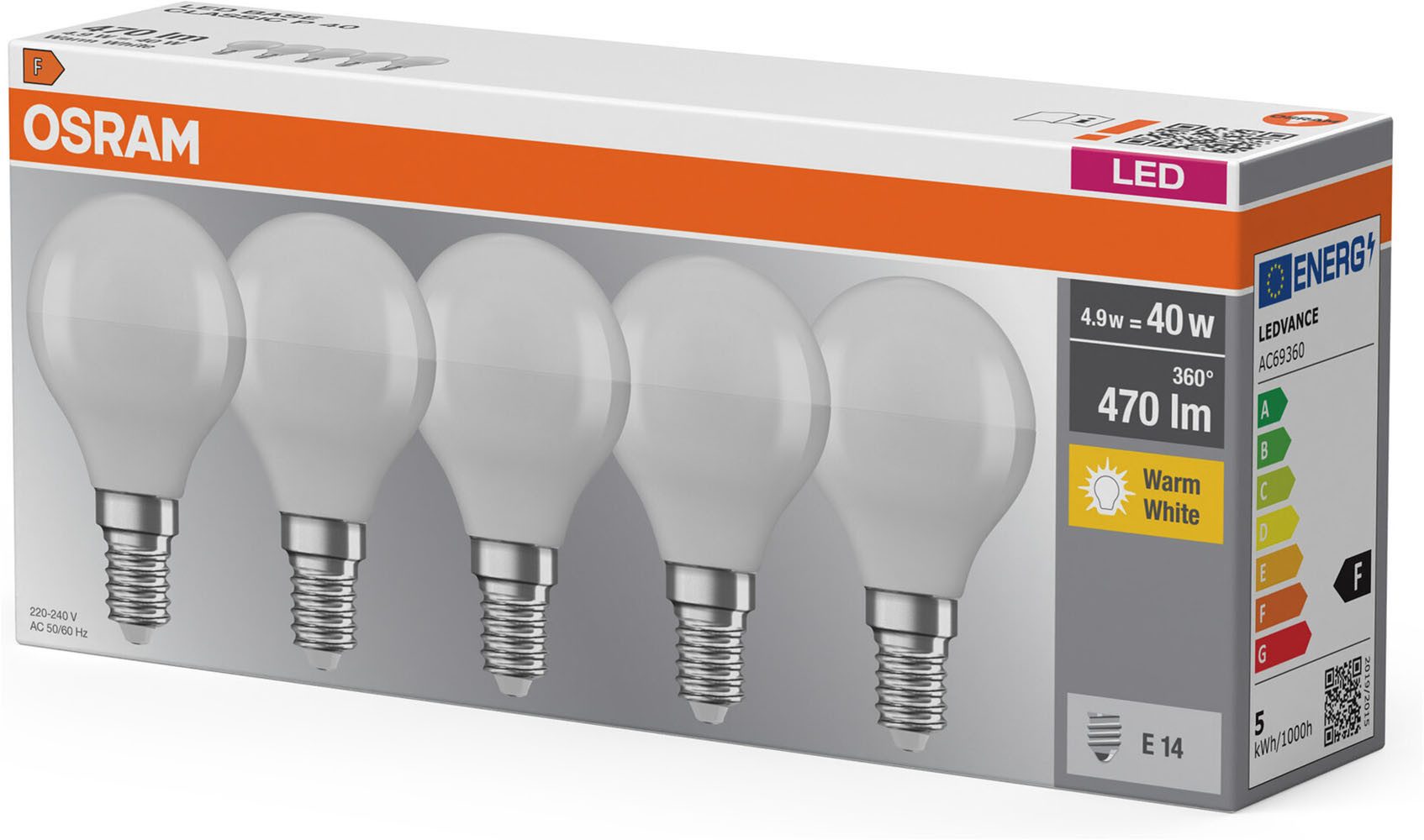 Osram LED-Leuchtmittel LED BASE Tropfenform, E14, 5 St., Warmweiß