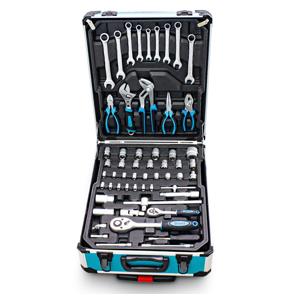 Bituxx Werkzeugtrolley Werkzeugkoffer Set 1300 tlg. (Komplett-Set, 1300 St., Trolley mit 4 bestückten Werkzeugeinlagen, Bitsatz, MS-14490), mobil & praktisch: Rollkoffer mit Teleskopgriff und 4 Ebenen