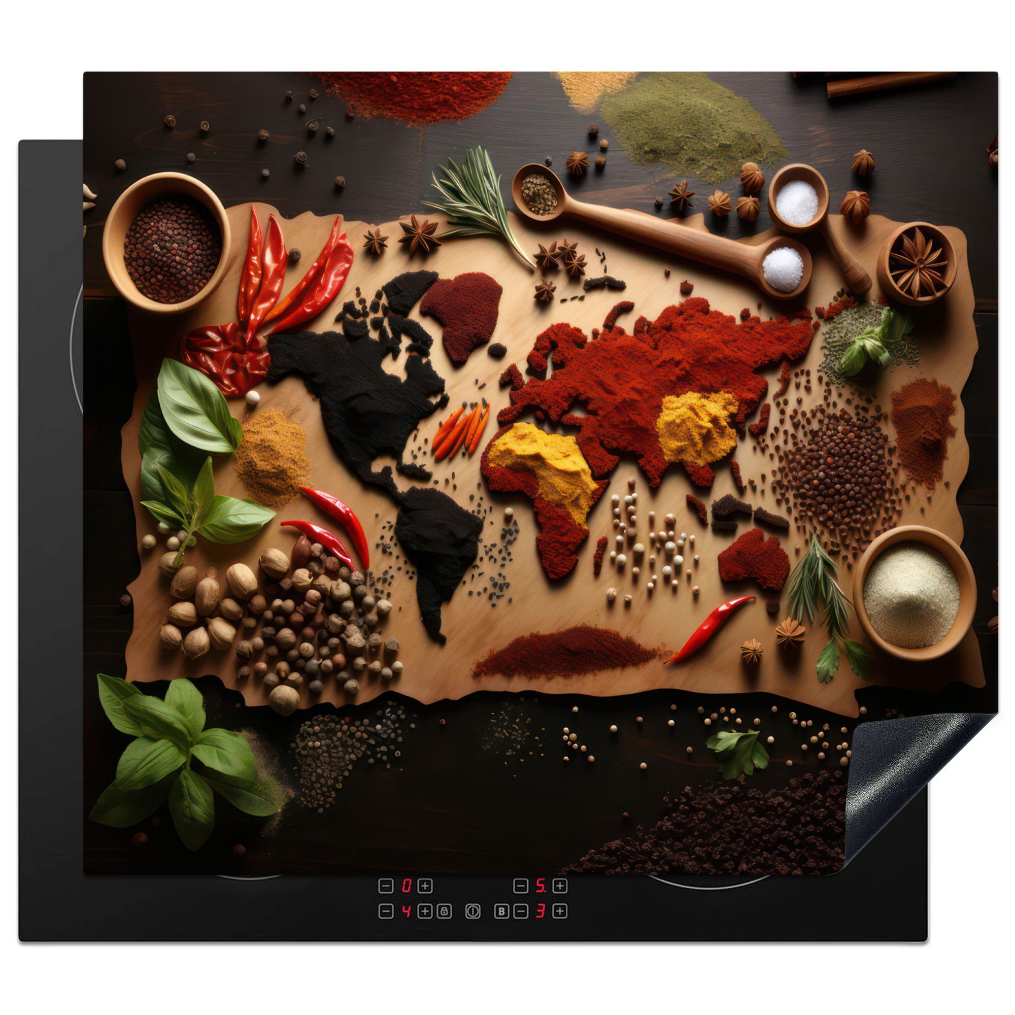 MuchoWow Herd-Abdeckplatte Kräuter - Gewürze - Weltkarte - Braun - Löffel - Farbenfroh, Vinyl, (1 tlg), Abdeckplatte für Ceranfeld, Herd Inductionsmatte, 60x50 cm