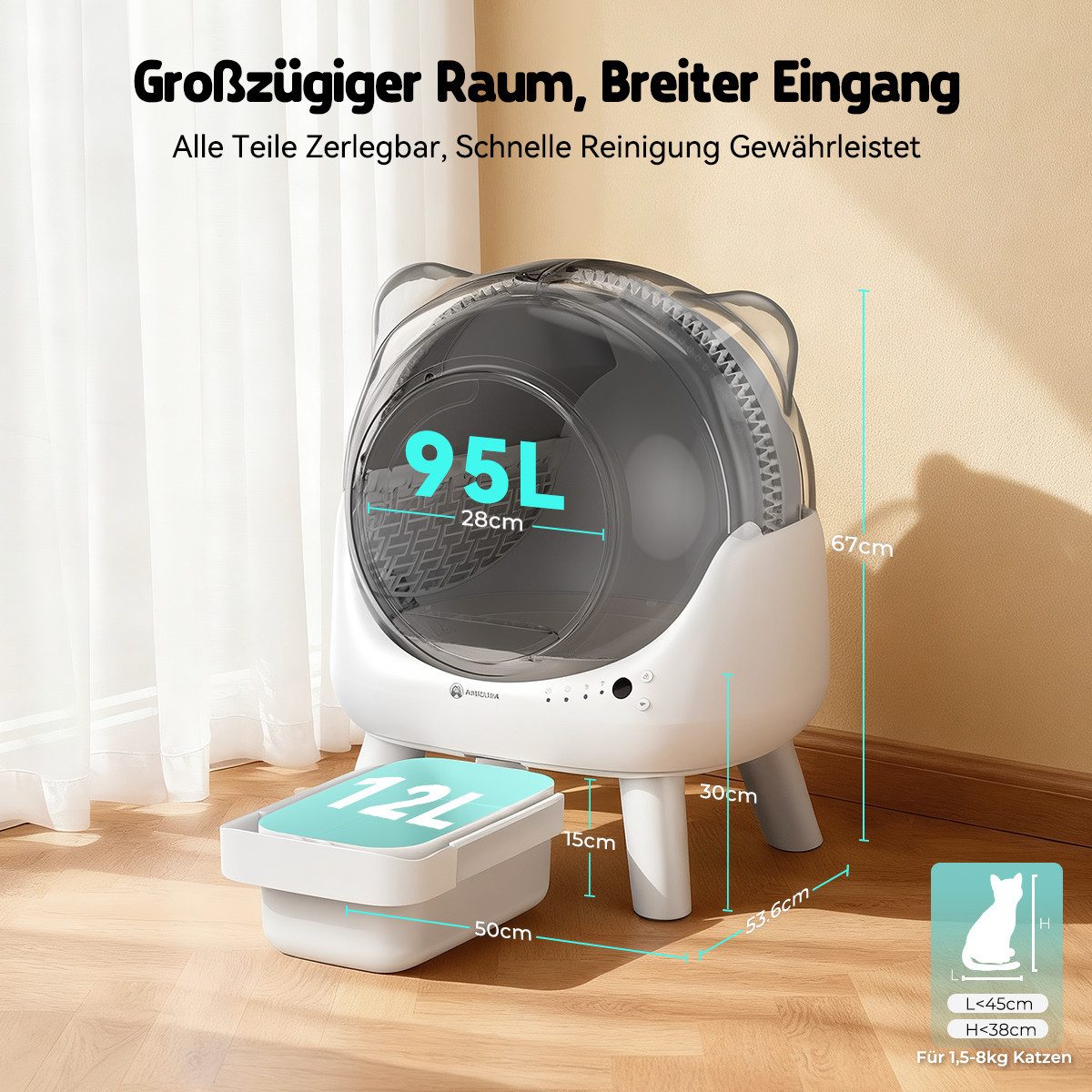 AmiCura Katzenecktoilette 2026 katzenklo selbstreinigend 95L/12 selbstreinigende katzentoilette, Katzentoilette Katzenklo 95L+12L Große 32 dB sicher für Mehrere Katzen