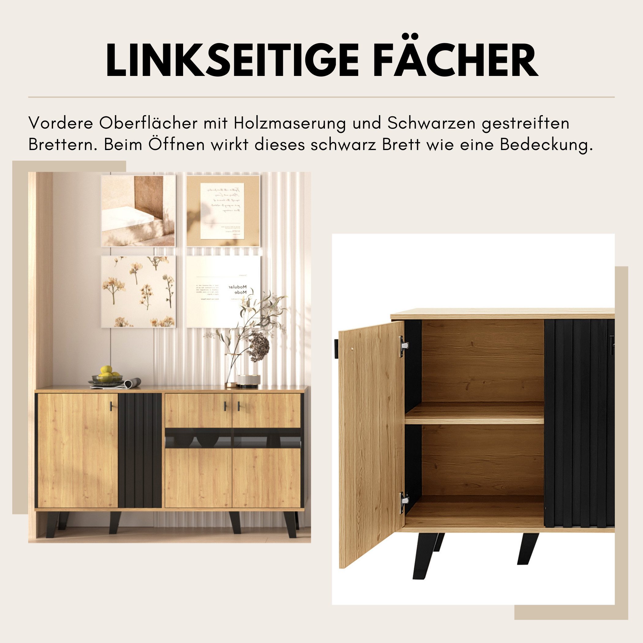 SeedWave Sideboard Modernes Sideboard LED-Beleuchtung Kontrastfarbener Wohnzimmerschrank, Verstellbare Einlegeböden, Türen mit eingelassenen Glassen