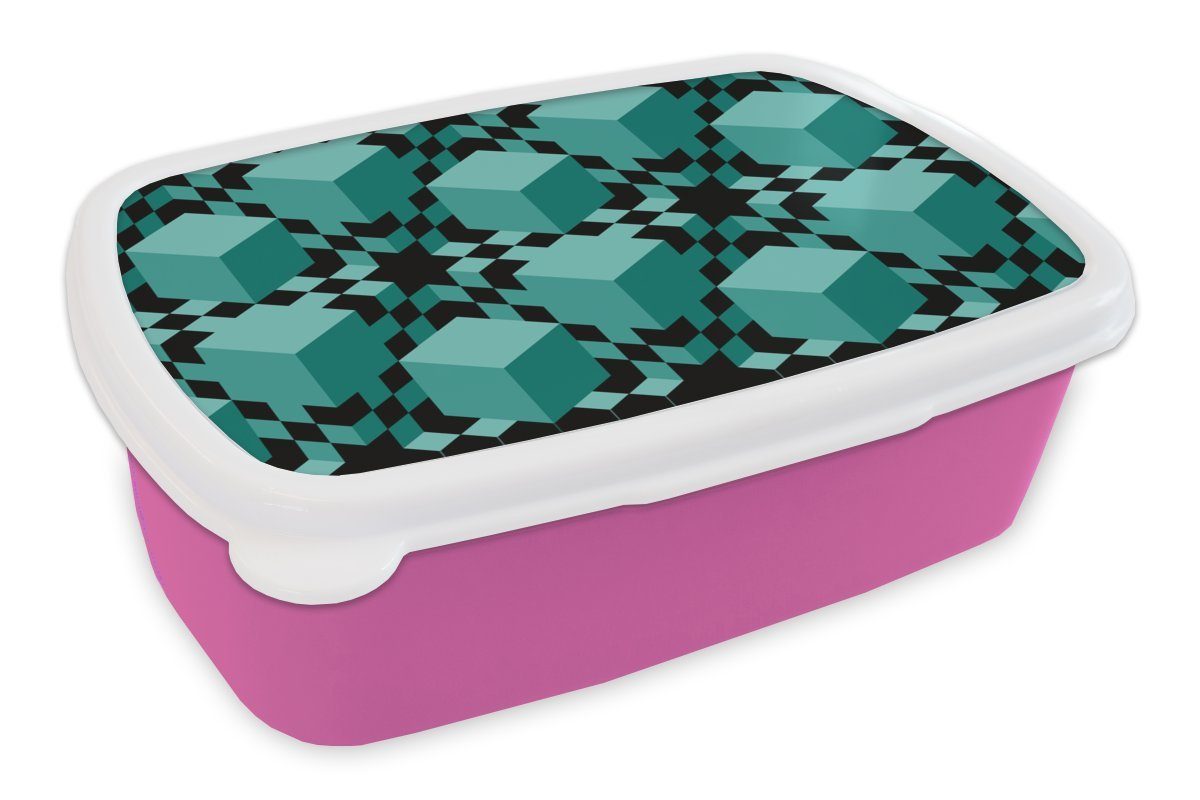 MuchoWow Lunchbox 3D - Blöcke - Muster, Kunststoff, (2-tlg), Brotbox für Erwachsene, Brotdose Kinder, Snackbox, Mädchen, Kunststoff rosa