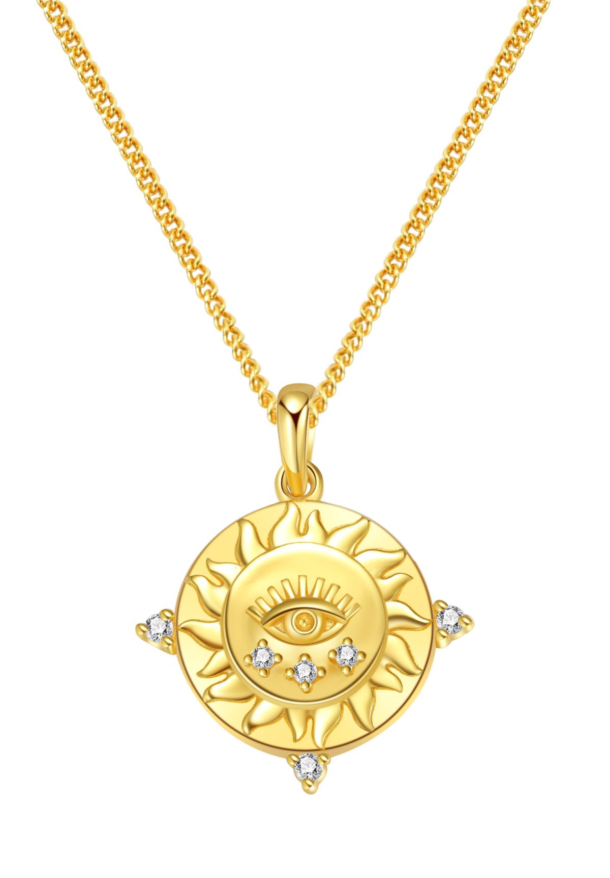 Hey Happiness Kette mit Gravur Protection, Damen Statementkette Silber 925 Nazar Auge mit Bedeutung, Halskette Anhänger Plättchen Sonne Zirkonia, 18K Gold Glücksbringer