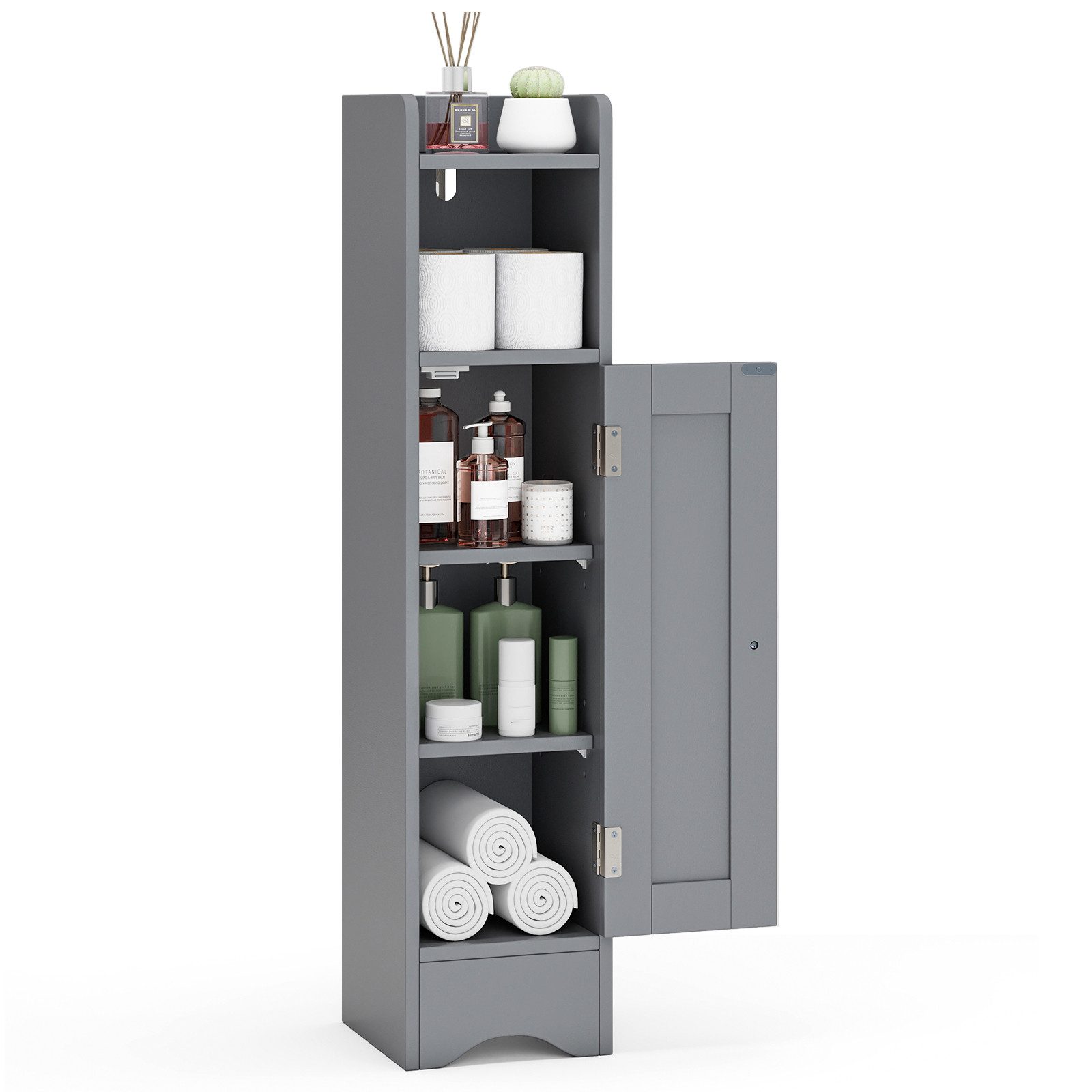 COSTWAY Badkommode, Badezimmerschrank schmal mit verstellbaren Ablagen, weiß