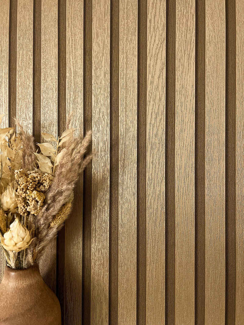 Newroom Vliestapete, Gold Tapete Glamour Paneele - Wandpaneele Holzpaneele Metallic Modern Skandinavisch Lamelle Streifen für Wohnzimmer Schlafzimmer Küche