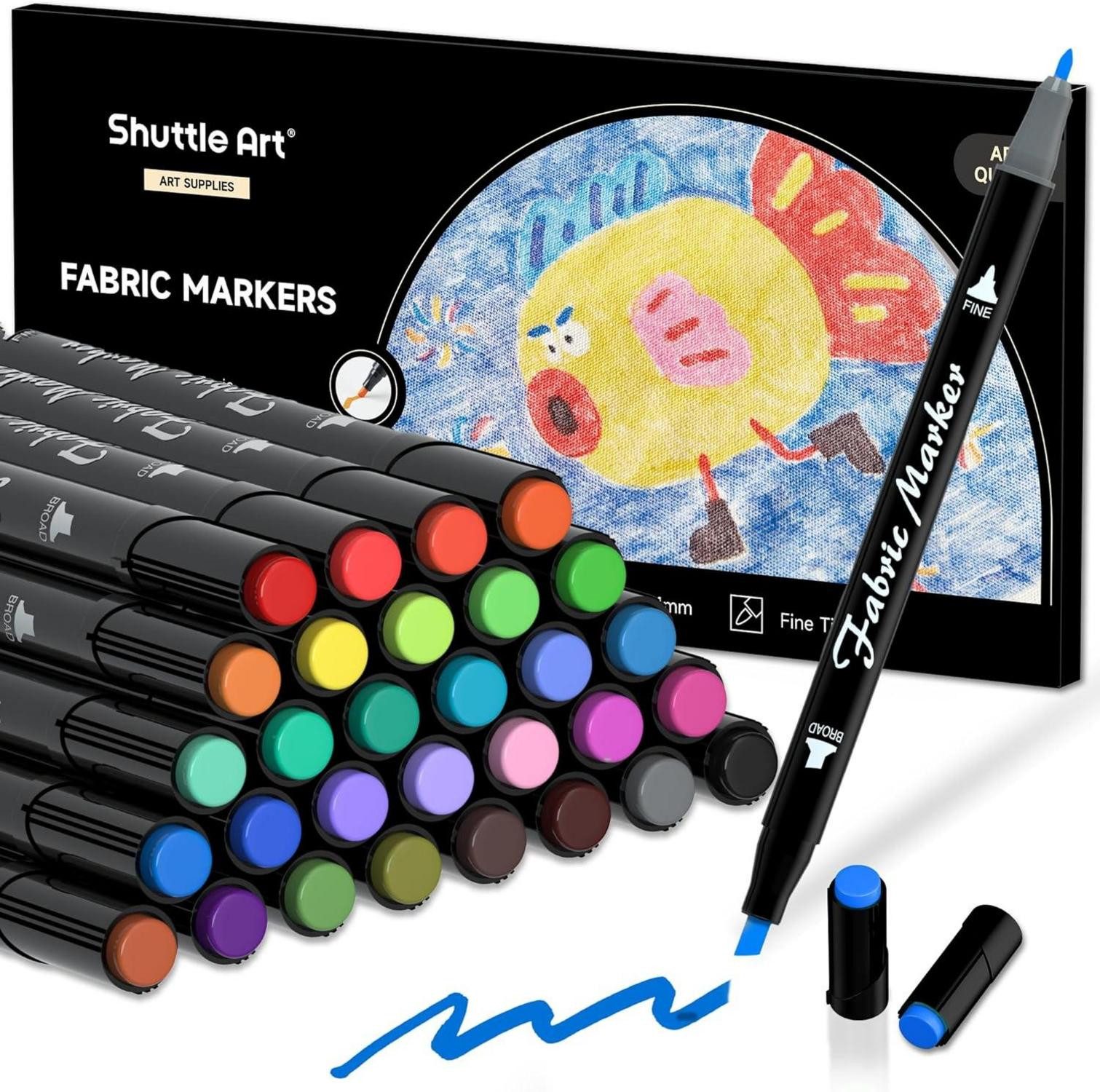 Shuttle Art Textilmarker Textilstifte Set 30 Farben, waschfest, ungiftig, säurefrei
