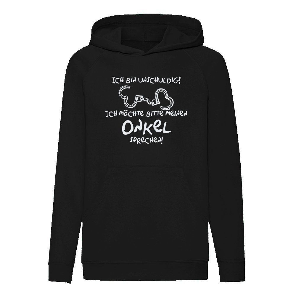 G-graphics Hoodie Ich bin unschuldig! Ich möchte bitte meinen Onkel sprechen! Kinder Hoodie / Kapuzenpullover mit coolem Spruch als Frontprint