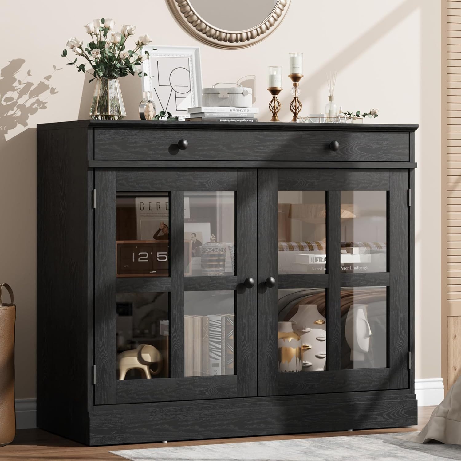 GarveeMore Sideboard Sideboard Küchenschrank Aufbewahrungsschrank mit Glastür