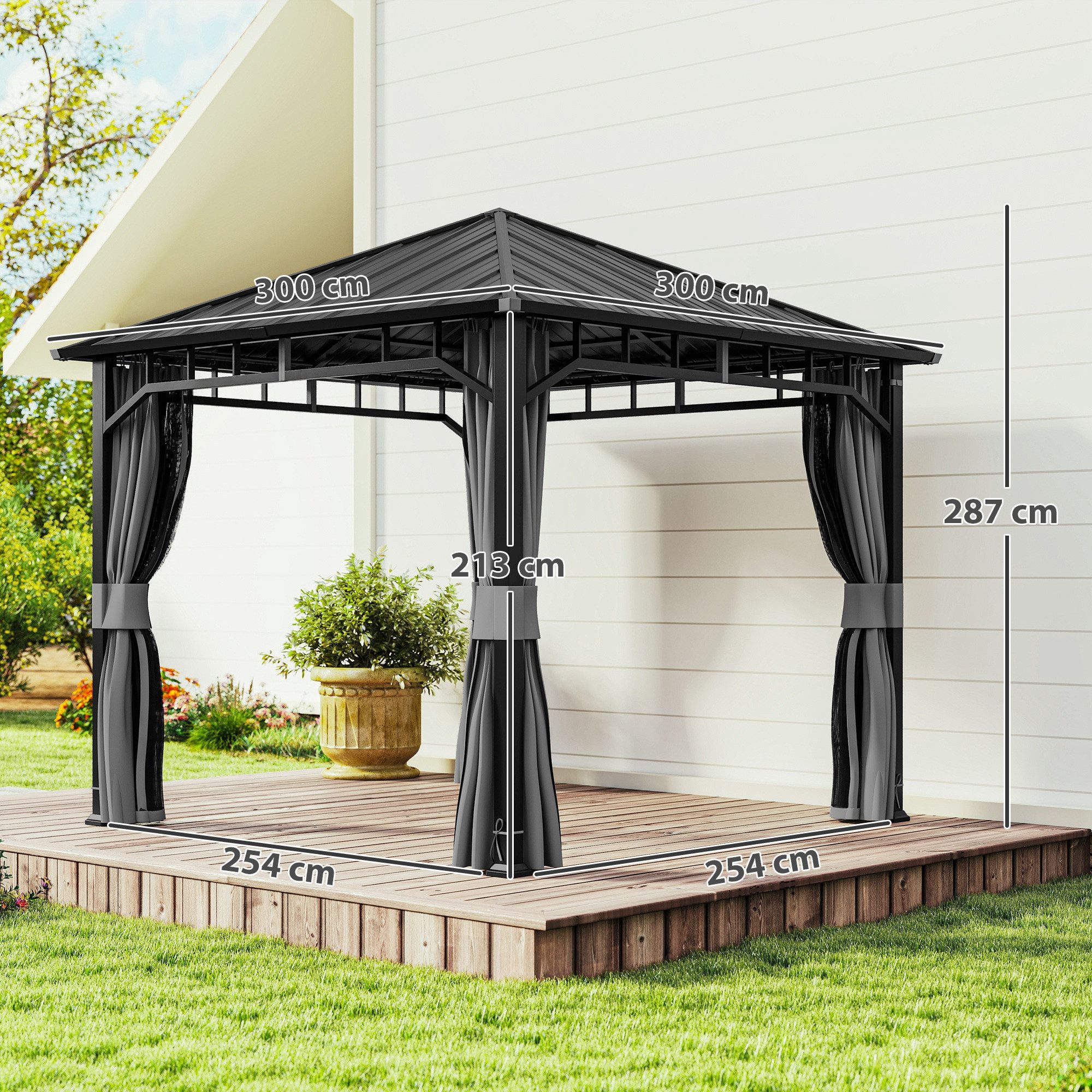 Outsunny Pavillon mit Seitenteile, Moskitonetz, Haken, Hardtop, mit 8 Seitenteilen, (Gartenpavillon, Partyzelt), für Garten, Terrasse, Dunkelgrau