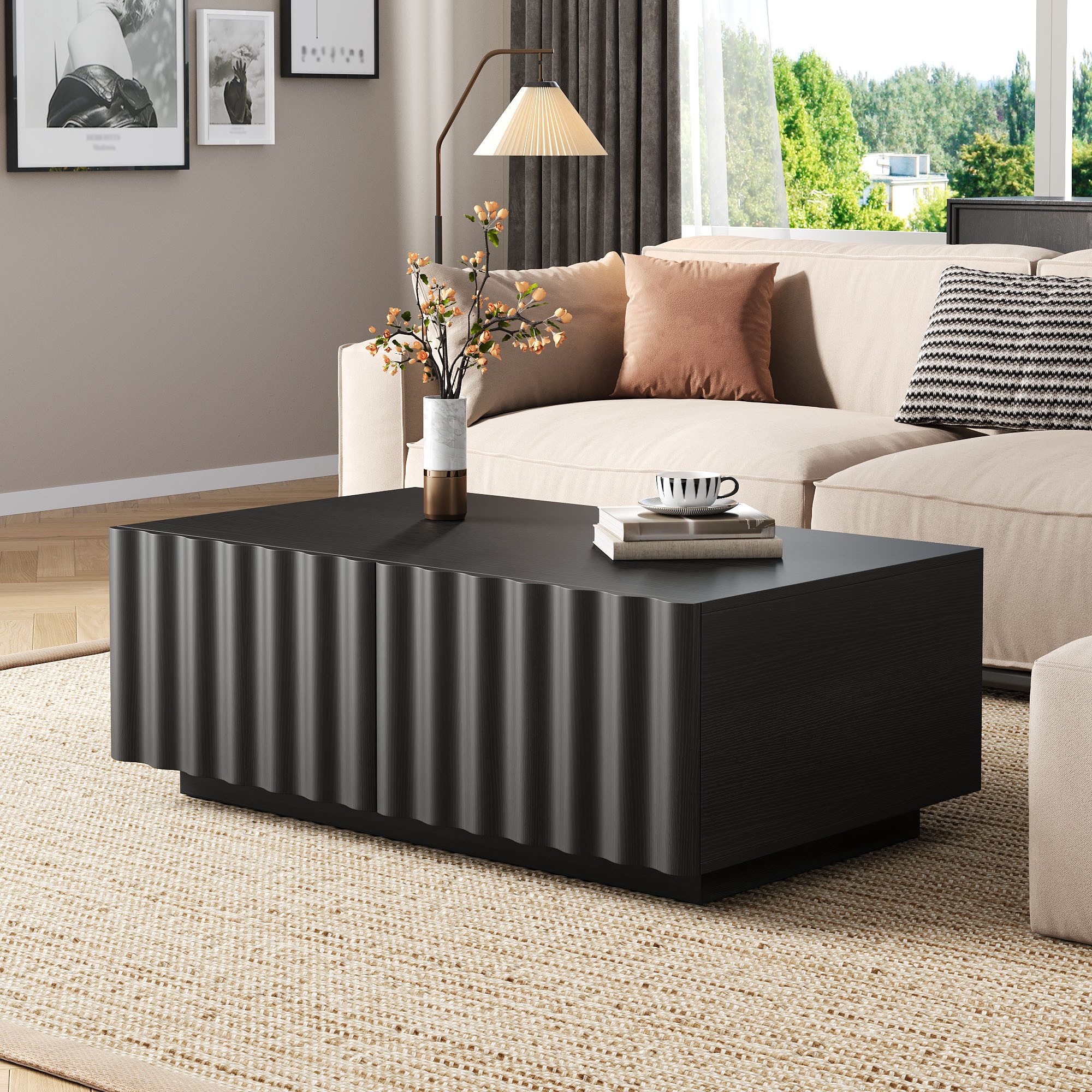 Merax Couchtisch mit Wellenmuster und 2 Schubladen (1-St), Wohnzimmertisch mit Stauraum, 100x50x40 cm
