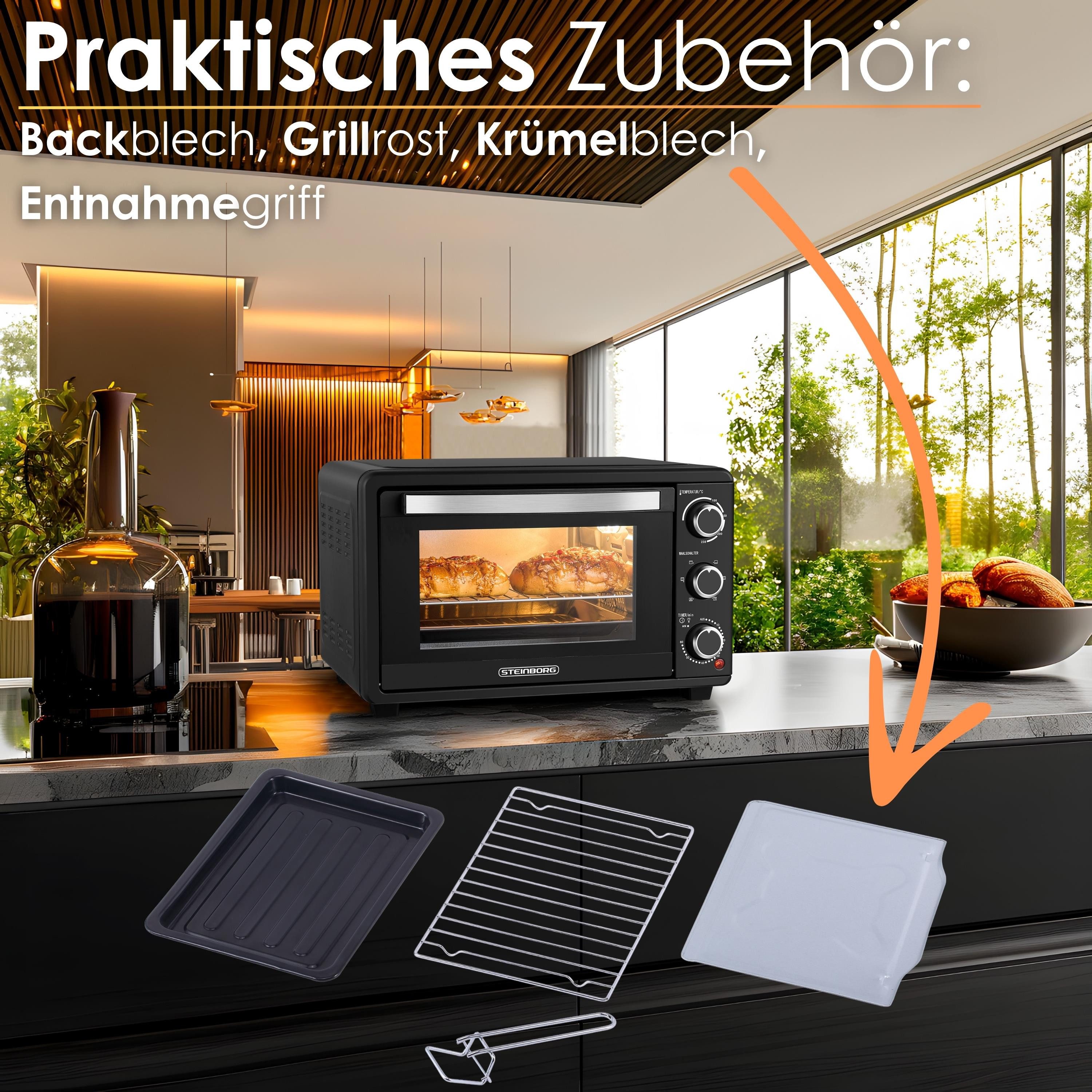 STEINBORG Minibackofen SB-3018, 25 Liter, Umluft, mit Krümelblech, 1500 Watt