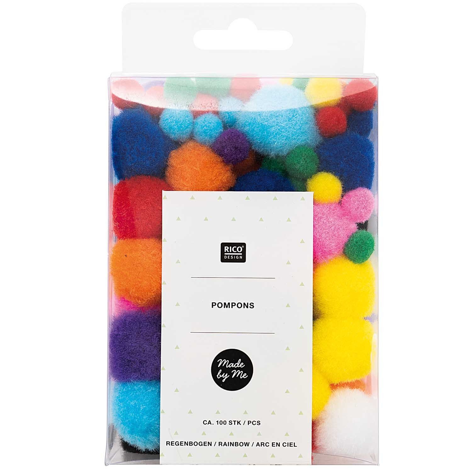 Rico Design Pompon Pompons, regenbogen, 50x8mm, 50x20mm, ca. 100 Stück | Partydekoration