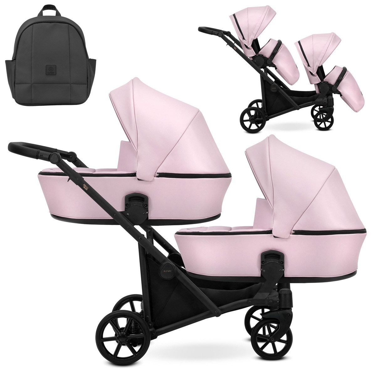 KUNERT Zwillings-Kombikinderwagen BRAV DUO 2in1 Öko-Leder Doppelkinderwagen - Flexibel und Kompakt, 12 verschiedene Konfigurationen, leichtes Aluminiumgestell