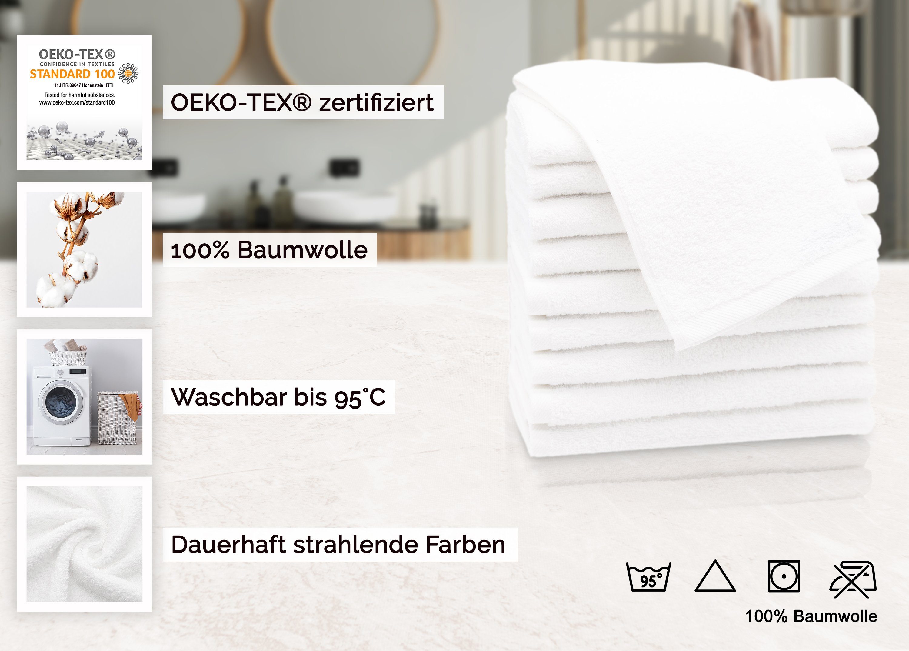 ZOLLNER Gästehandtücher, Walkfrottier (10-St), alle Baumwolle, 50 30 cm, 95°C 100% weiß Farben waschbar x bis