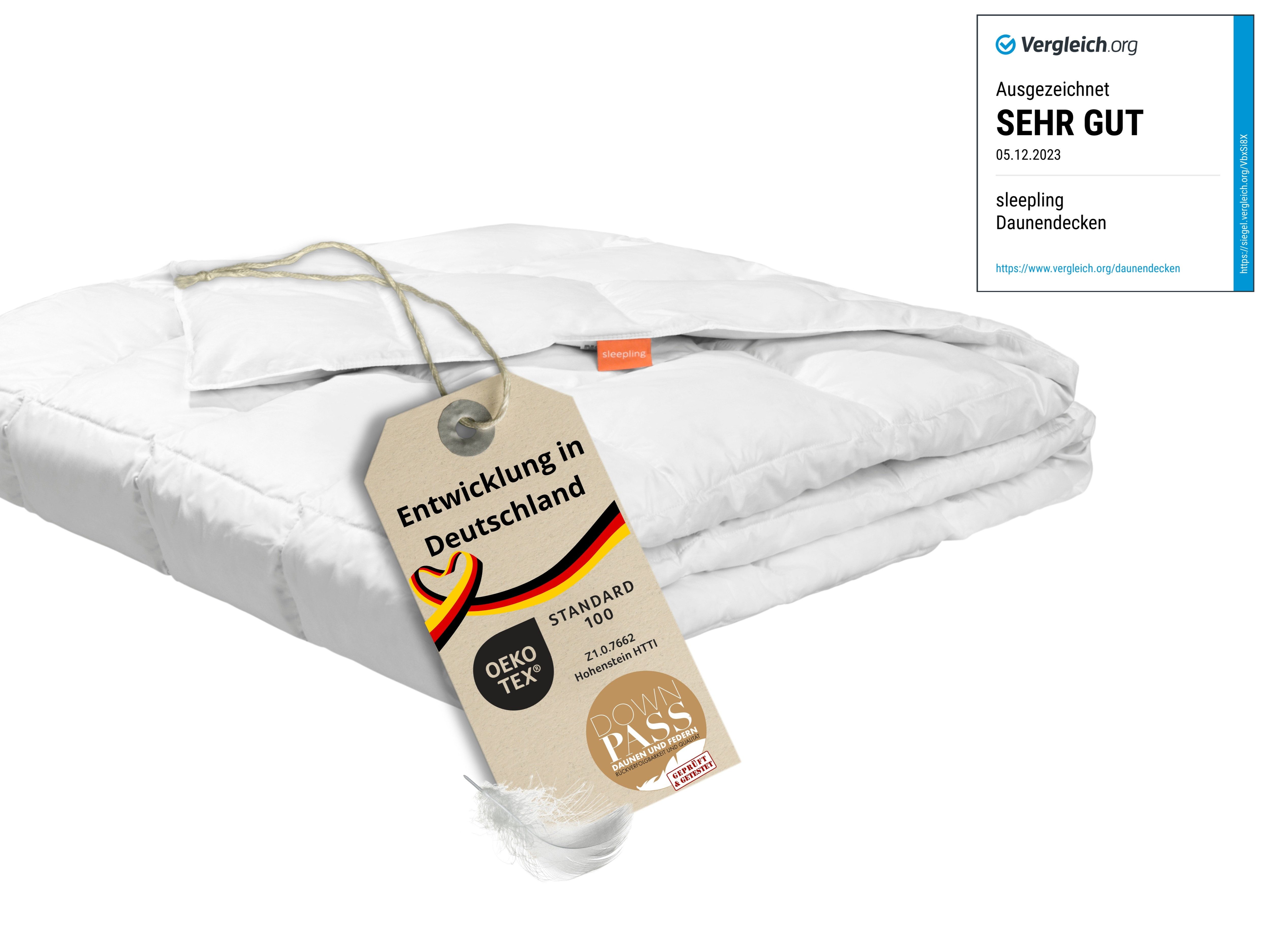 sleepling Daunenbettdecke Komfort, 135 x 200 cm, 155 x 220 cm, weitere Größen und Wärmeklassen, Füllung: 90% Daunen, 10% Federn, Bezug: 100% Baumwolle, als warme Winterdecke oder leichte Sommerdecke, Downpass, Made in EU