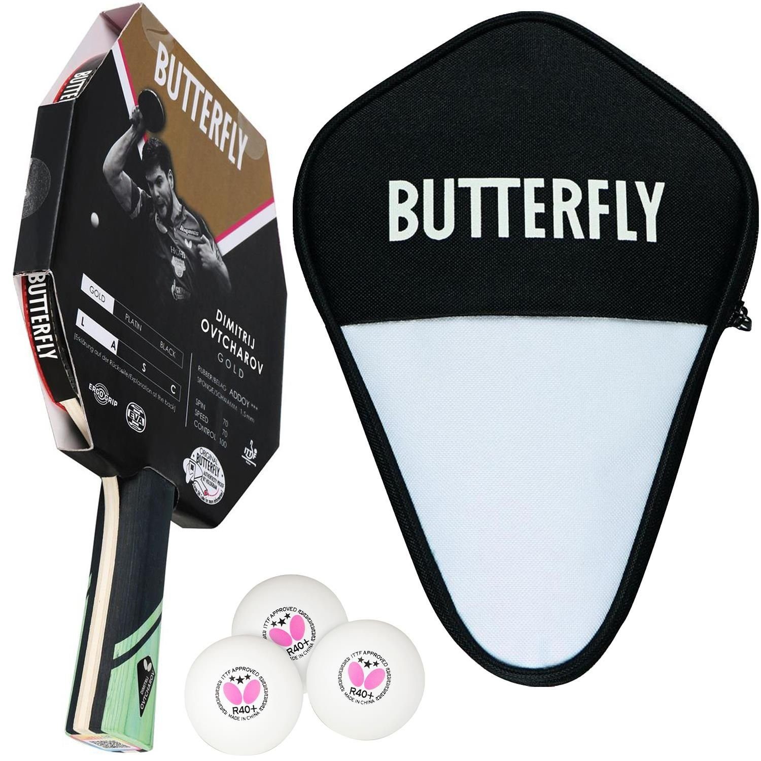 Butterfly Tischtennisschläger 1x Dimitrij Ovtcharov Gold + CC1 + Bälle, Tischtennis Schläger Set Tischtennisset Table Tennis Bat Racket